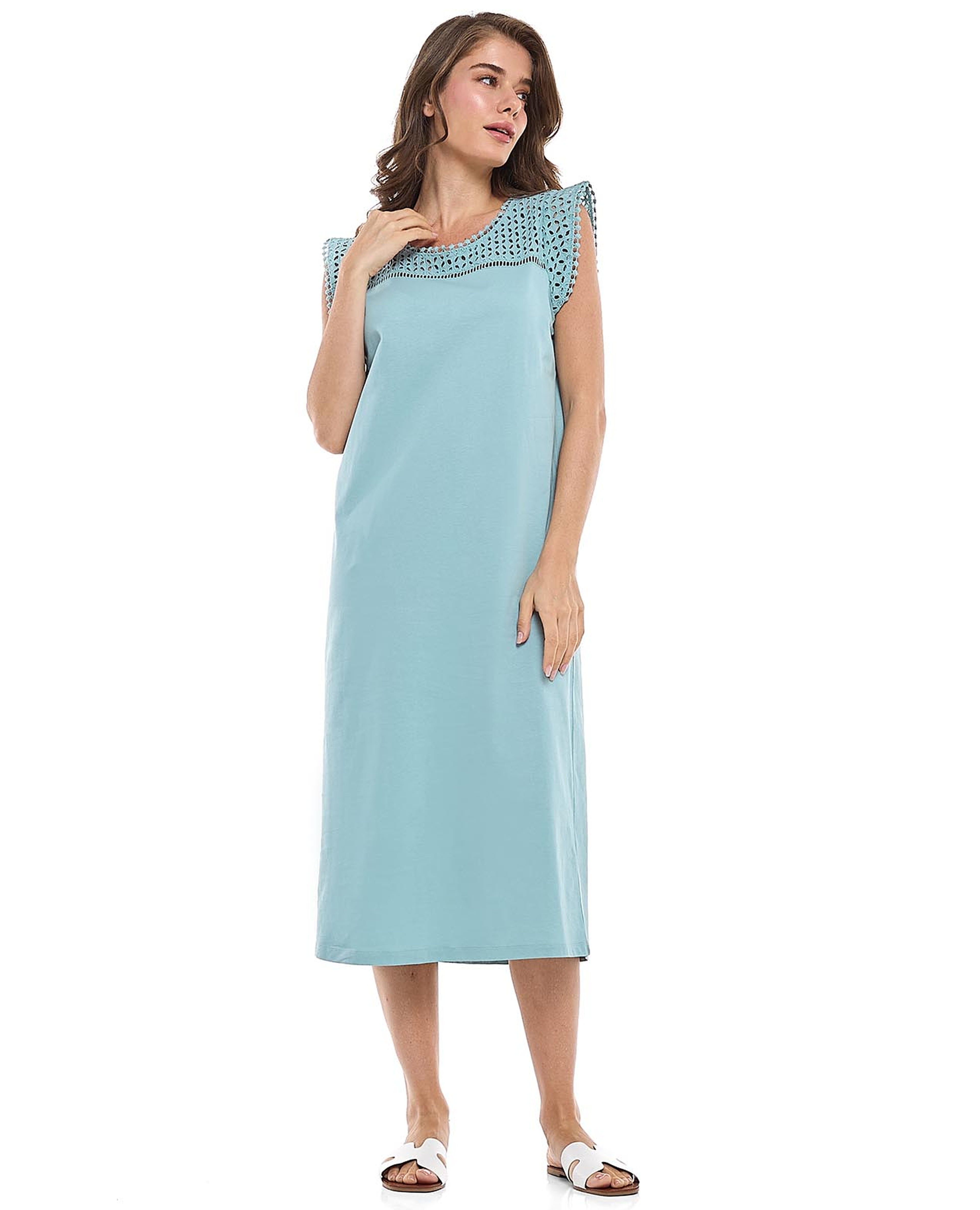 Schiffli Nightdress with Crew Neck and Cap Sleeves