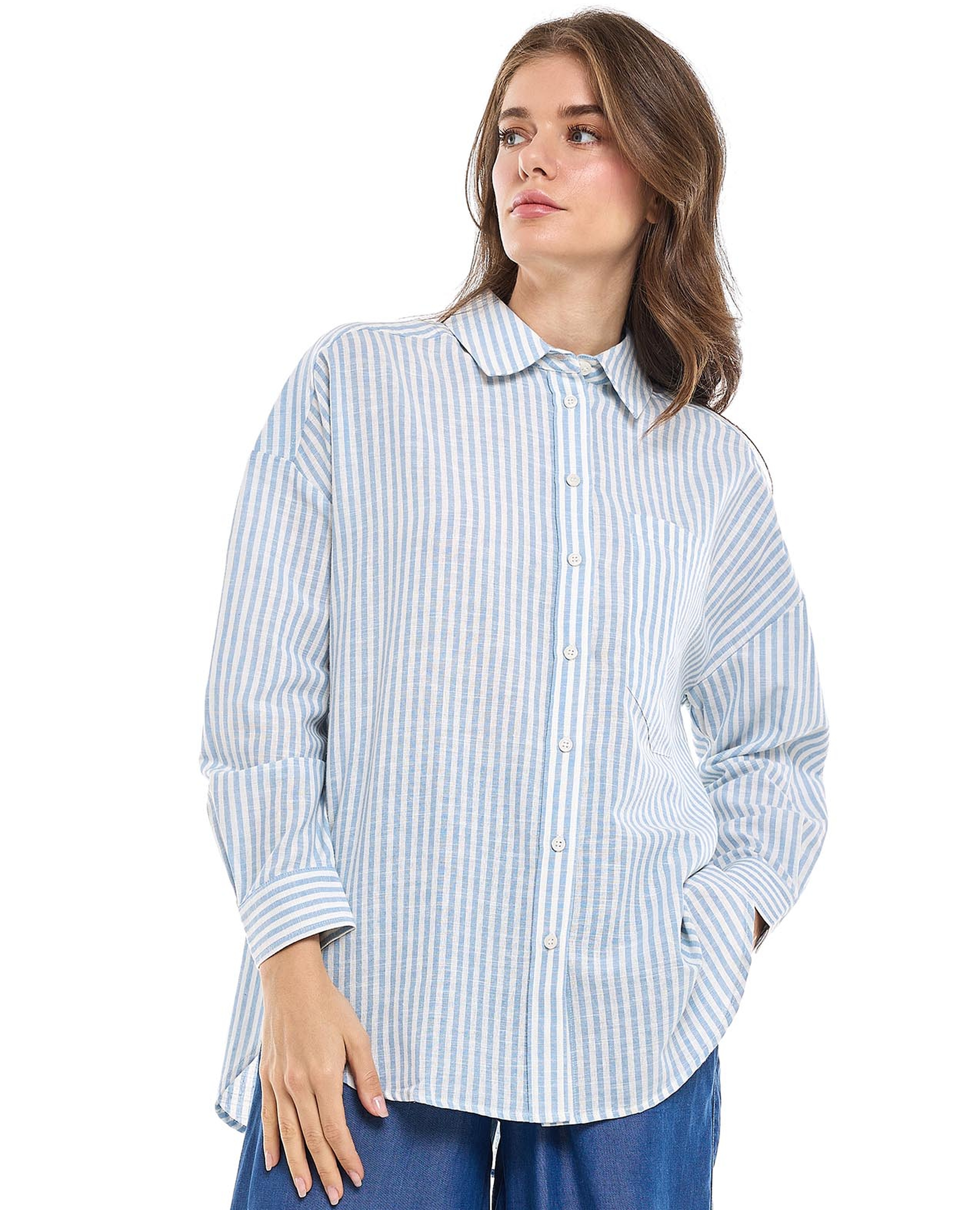 Striped Tunic Shirt with Classic Collar and Long Sleeves