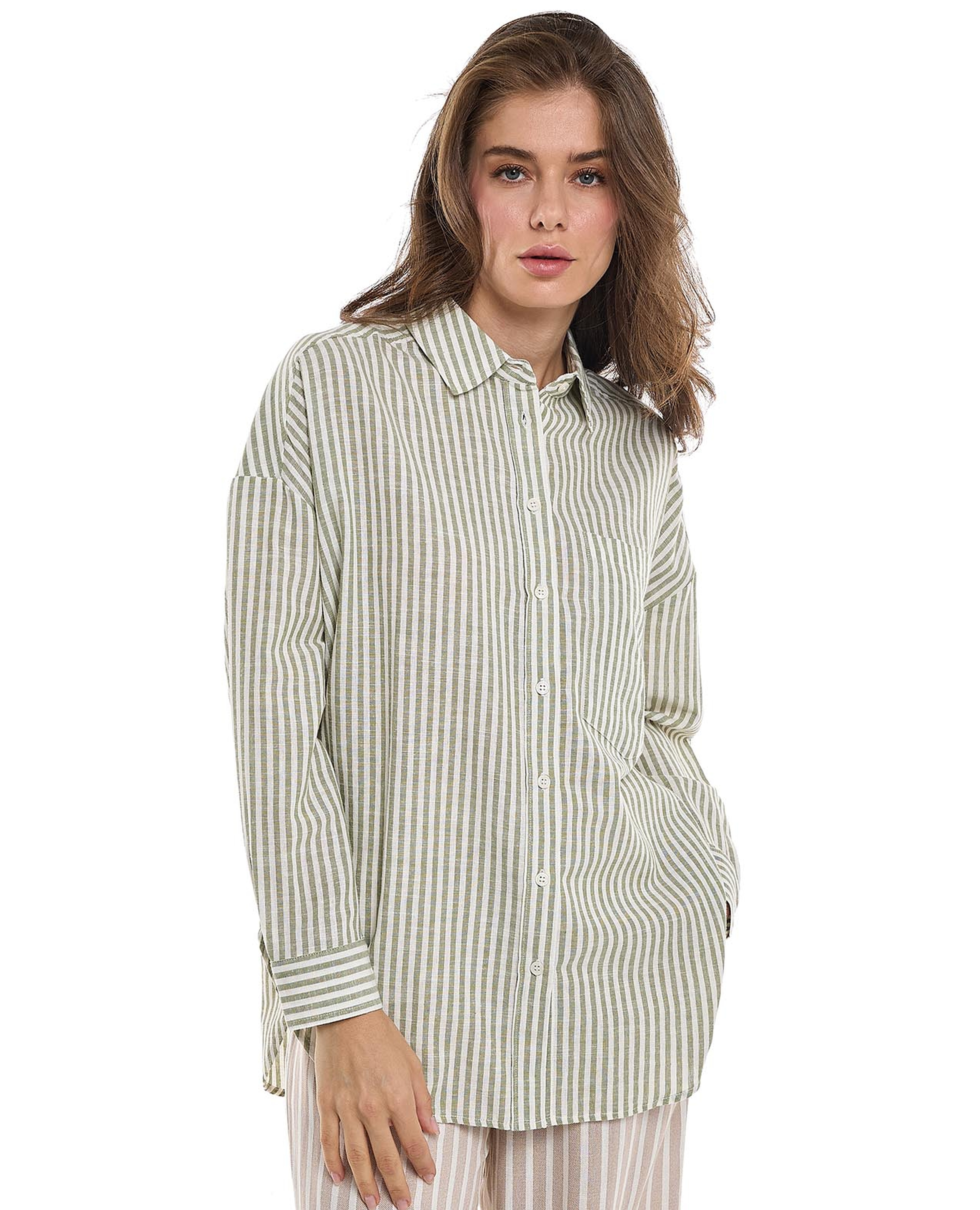 قميص تونيك مخطط بياقة كلاسيكية وأكمام طويلة