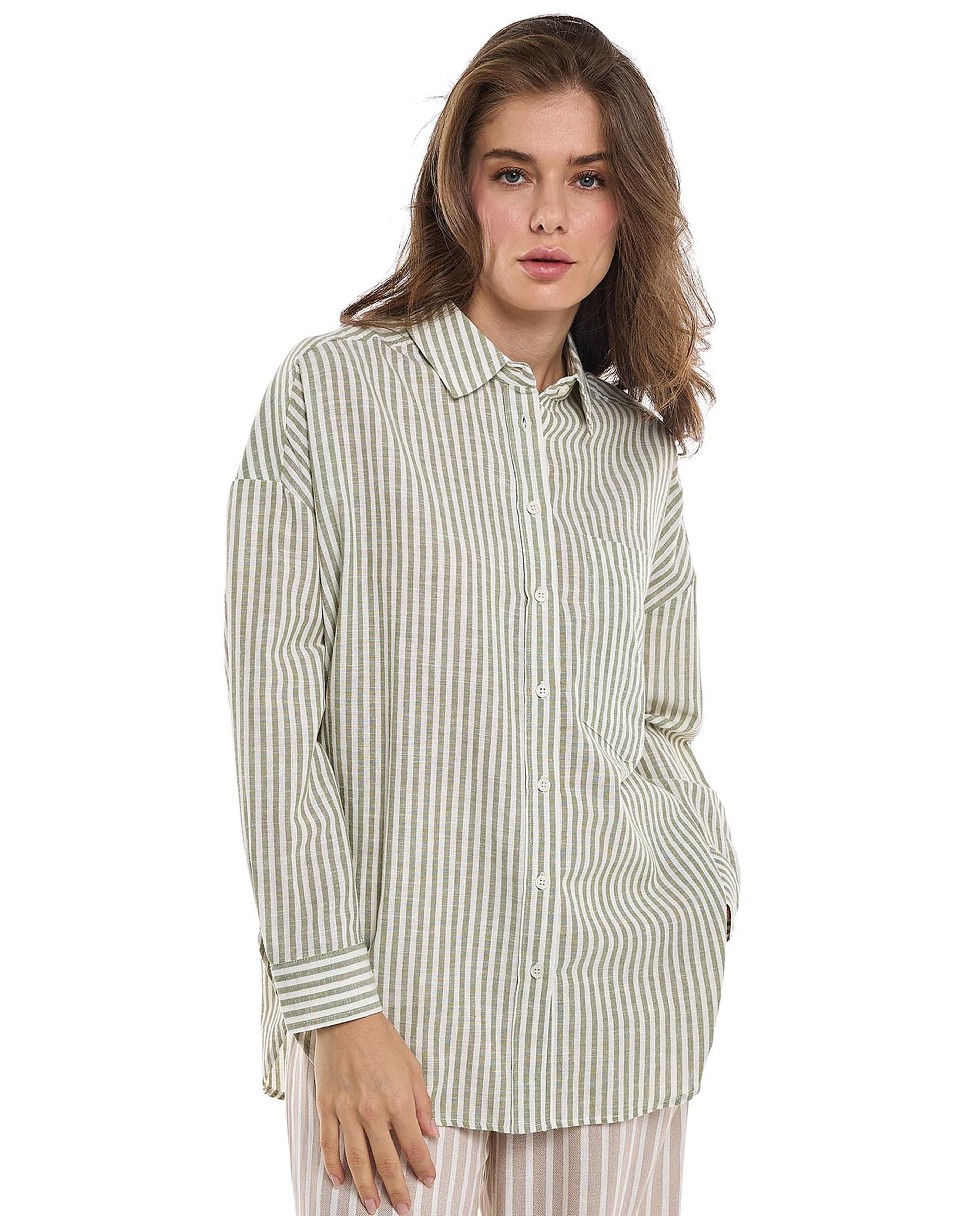 قميص تونيك مخطط بياقة كلاسيكية وأكمام طويلة