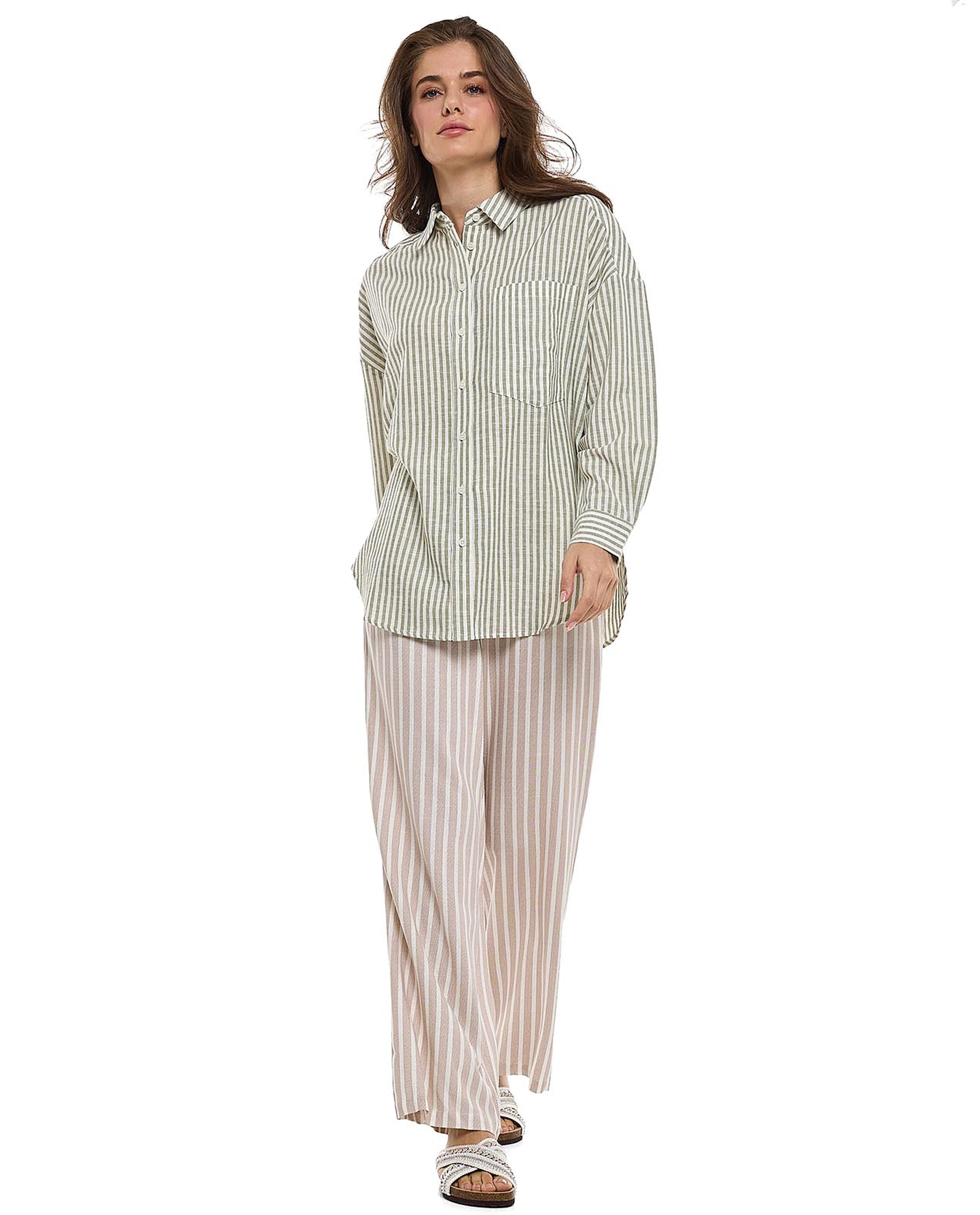 قميص تونيك مخطط بياقة كلاسيكية وأكمام طويلة