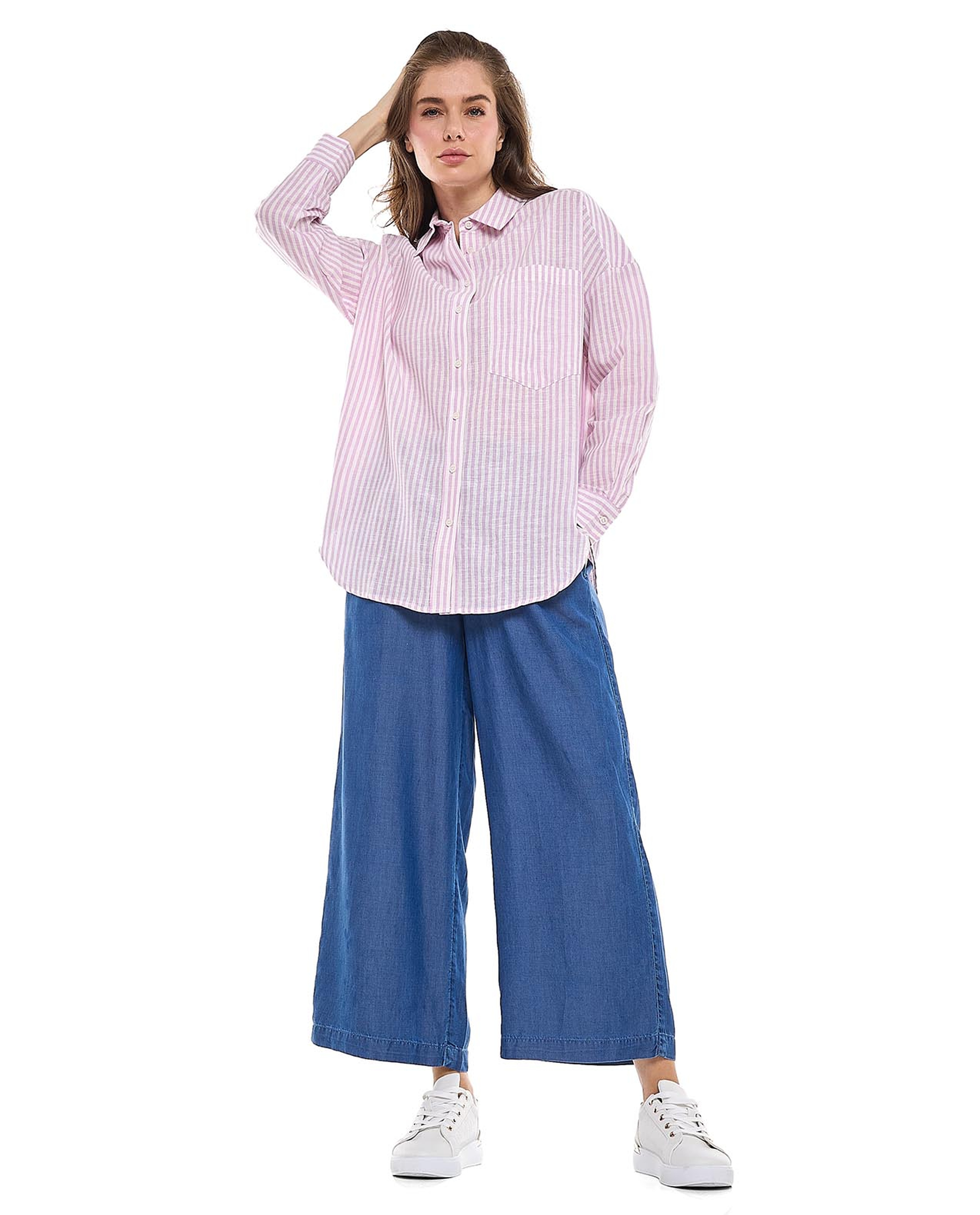 Striped Tunic Shirt with Classic Collar and Long Sleeves