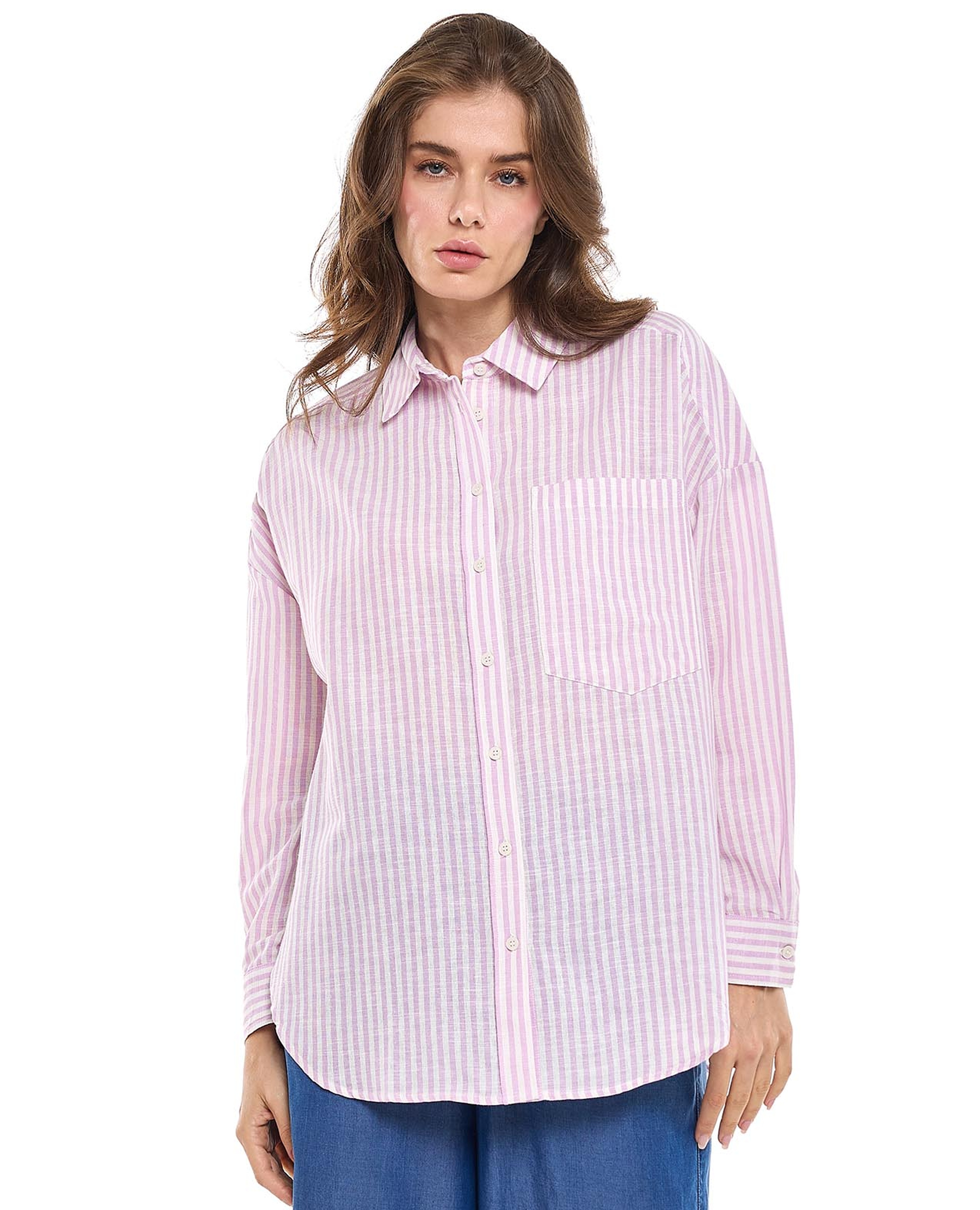 Striped Tunic Shirt with Classic Collar and Long Sleeves