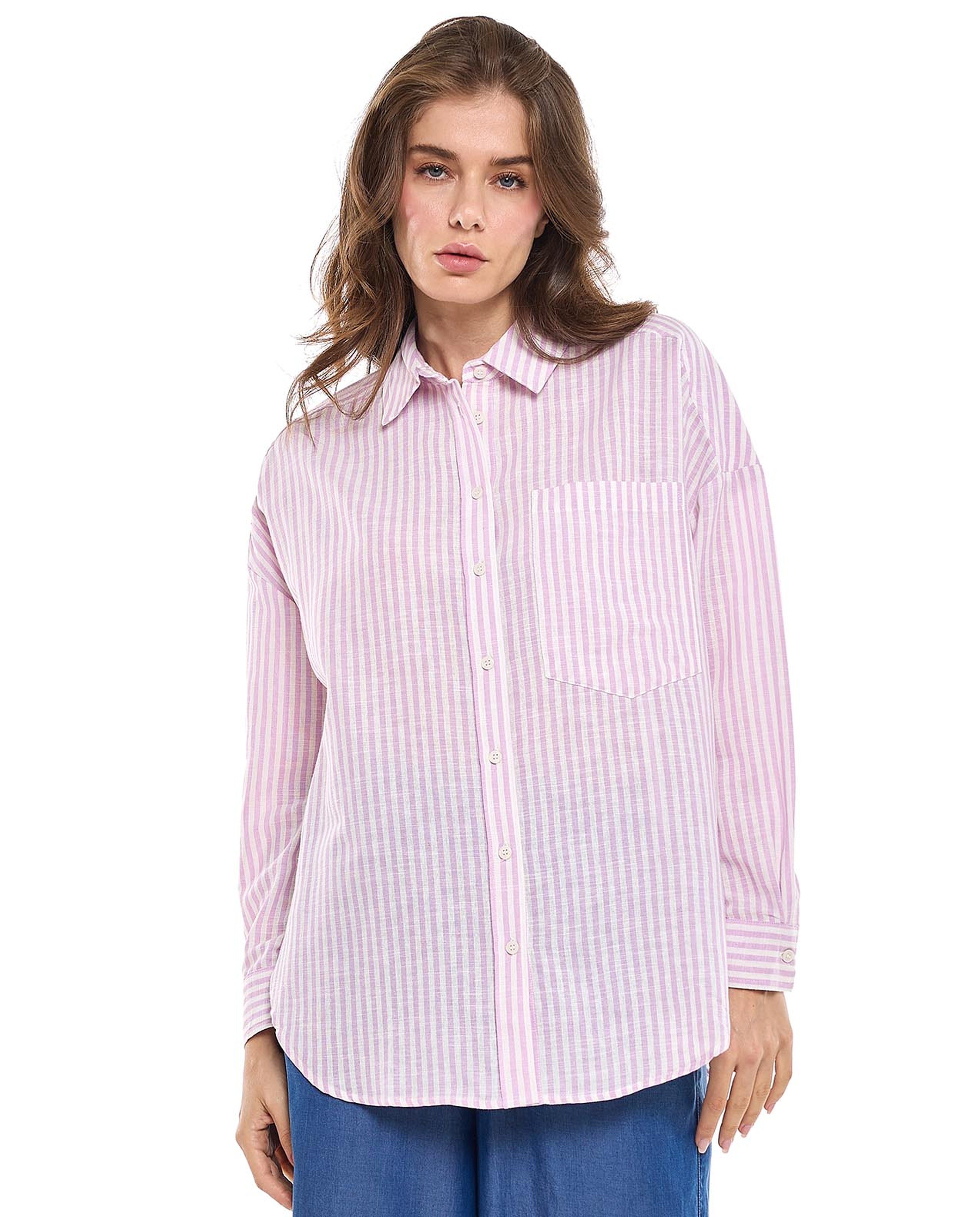 Striped Tunic Shirt with Classic Collar and Long Sleeves