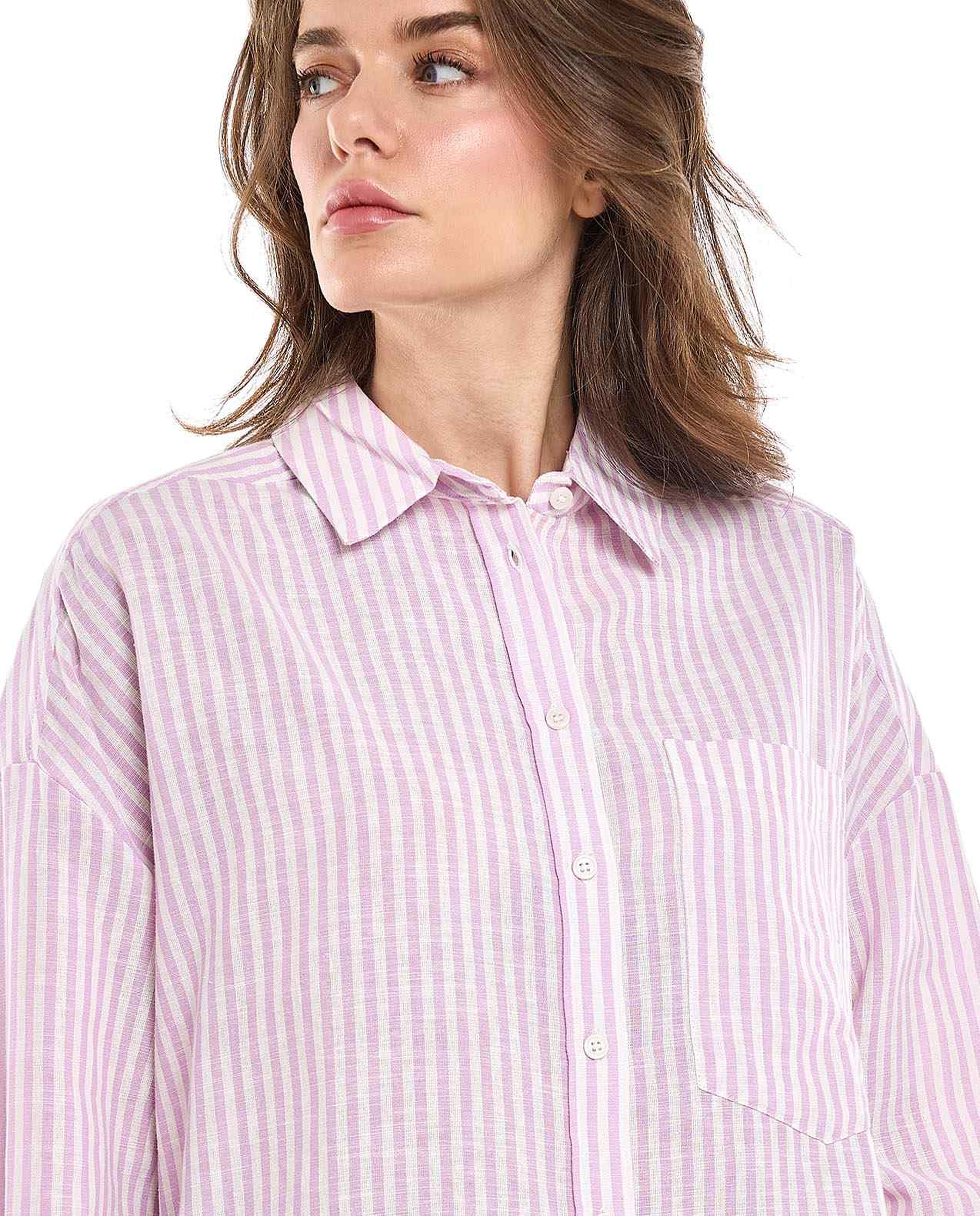 Striped Tunic Shirt with Classic Collar and Long Sleeves