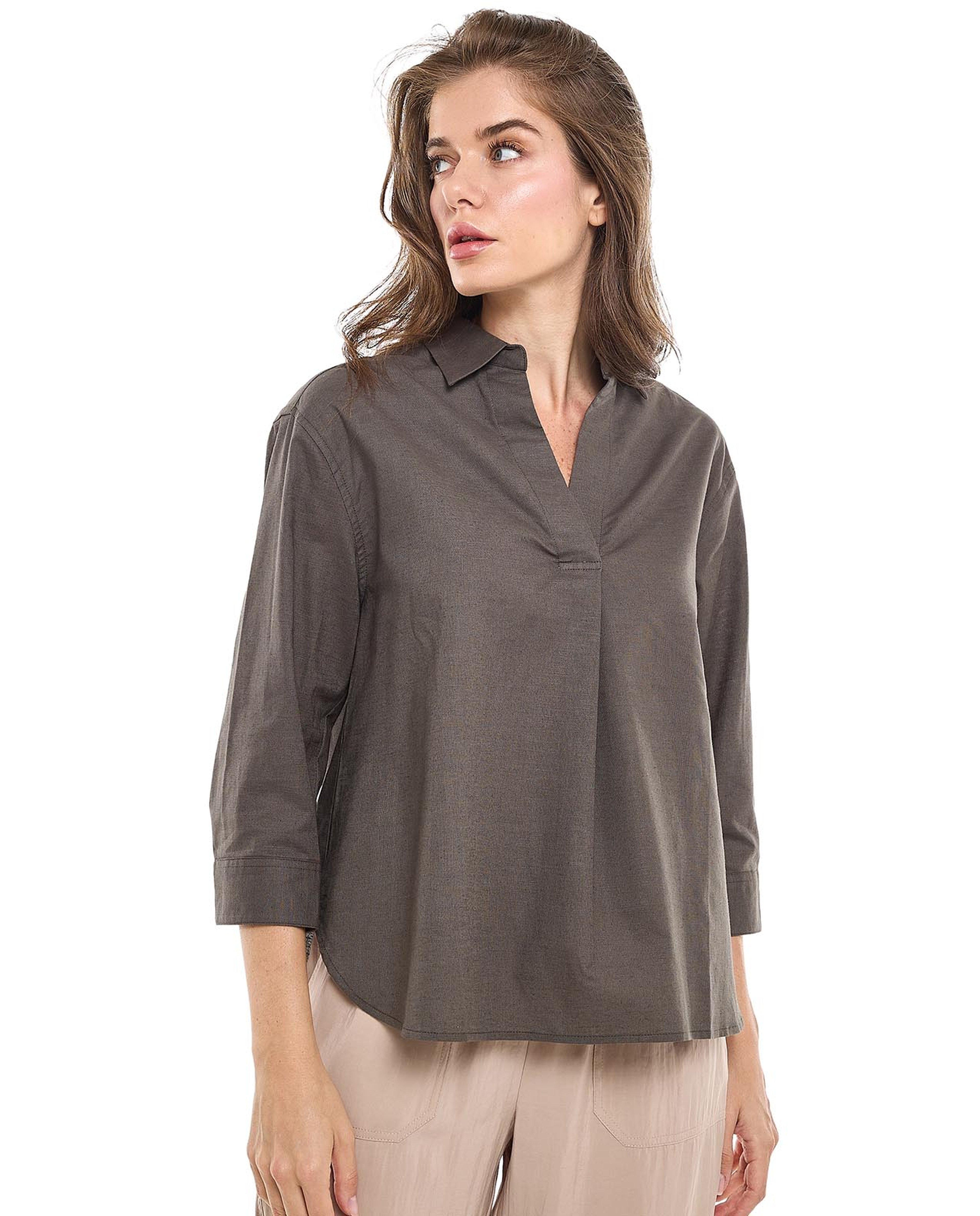 Solid Collared Top with 3/4 Sleeves