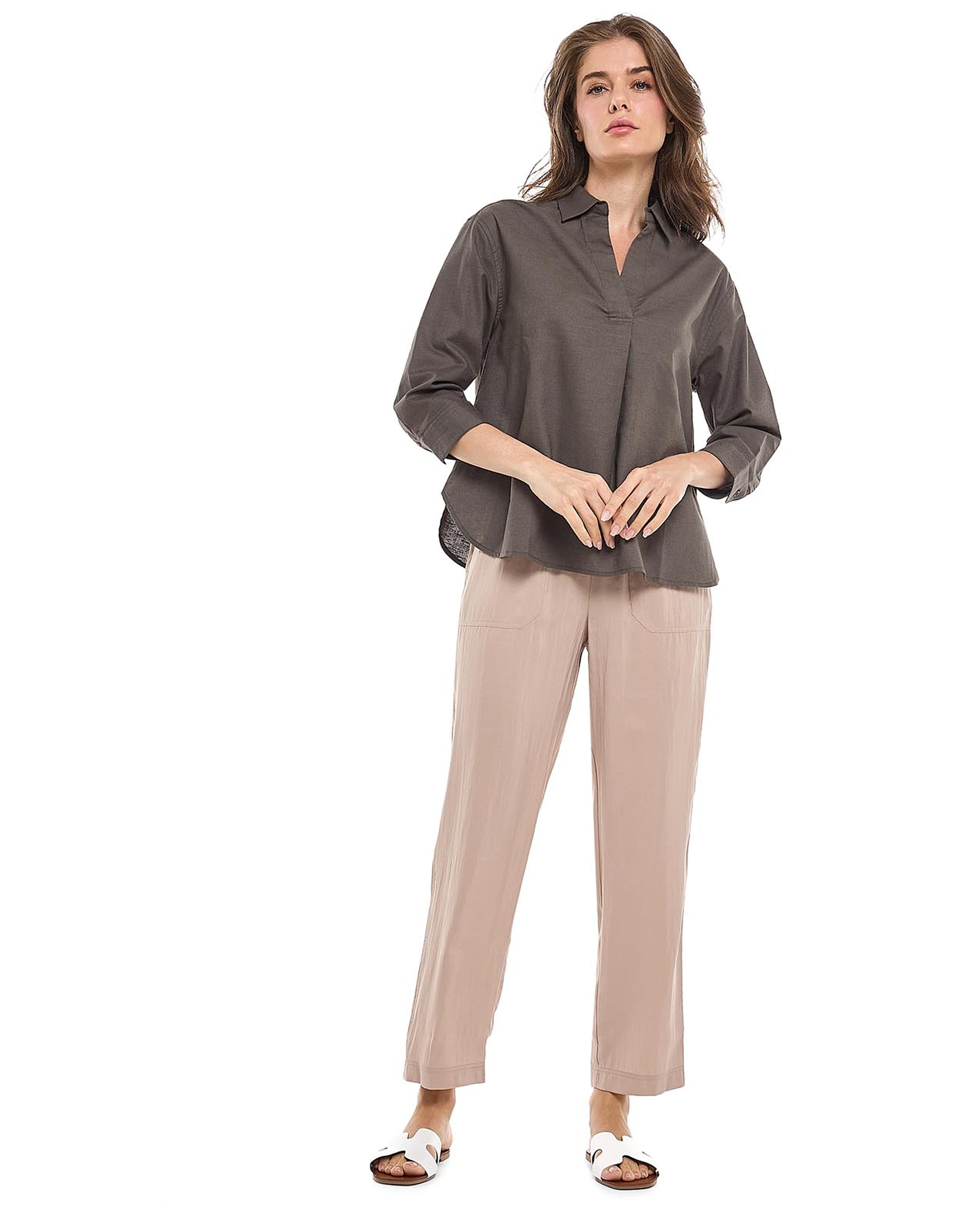 Solid Collared Top with 3/4 Sleeves