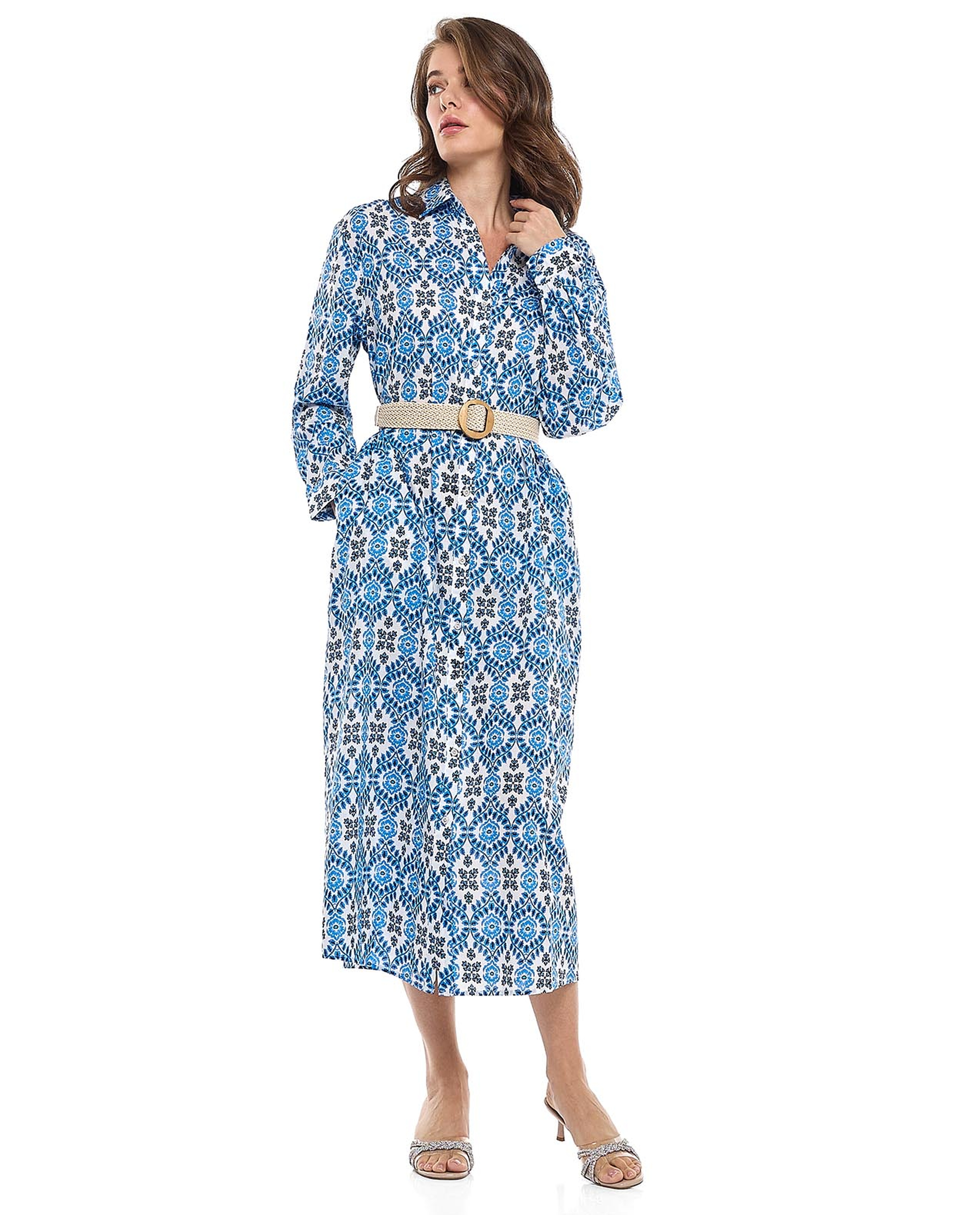 Patterned Shirt Dress with Classic Collar and Long Sleeves