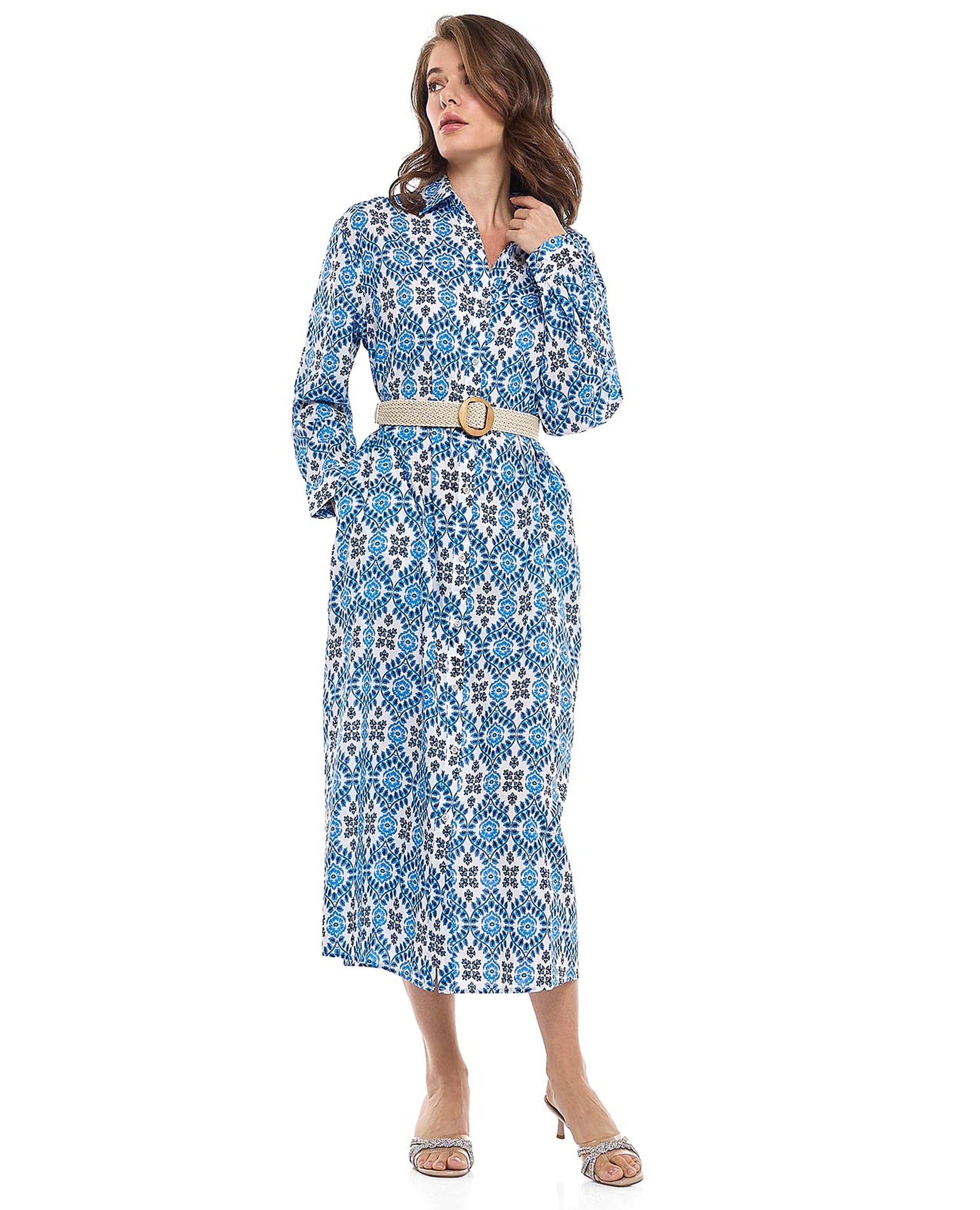 Patterned Shirt Dress with Classic Collar and Long Sleeves