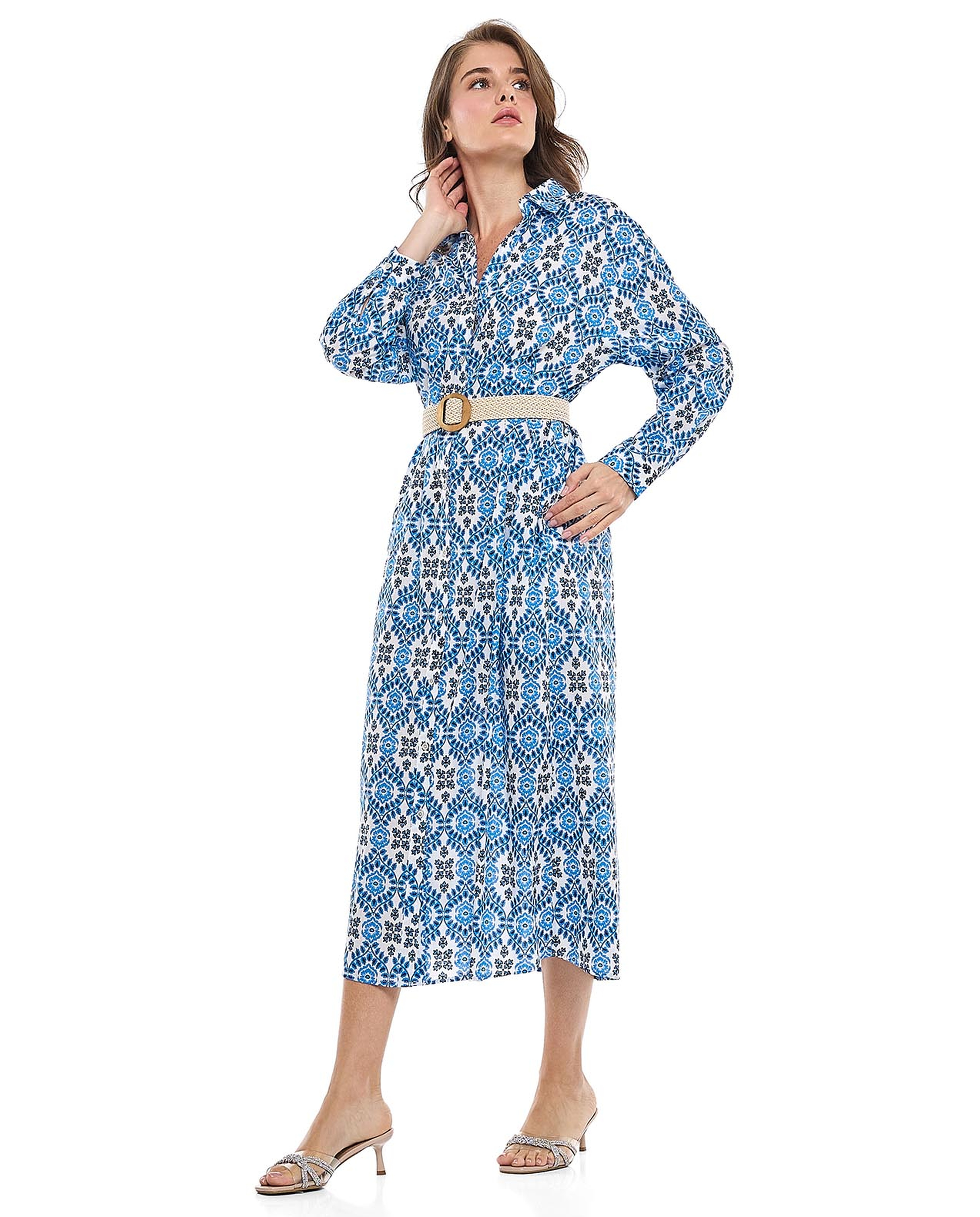 Patterned Shirt Dress with Classic Collar and Long Sleeves