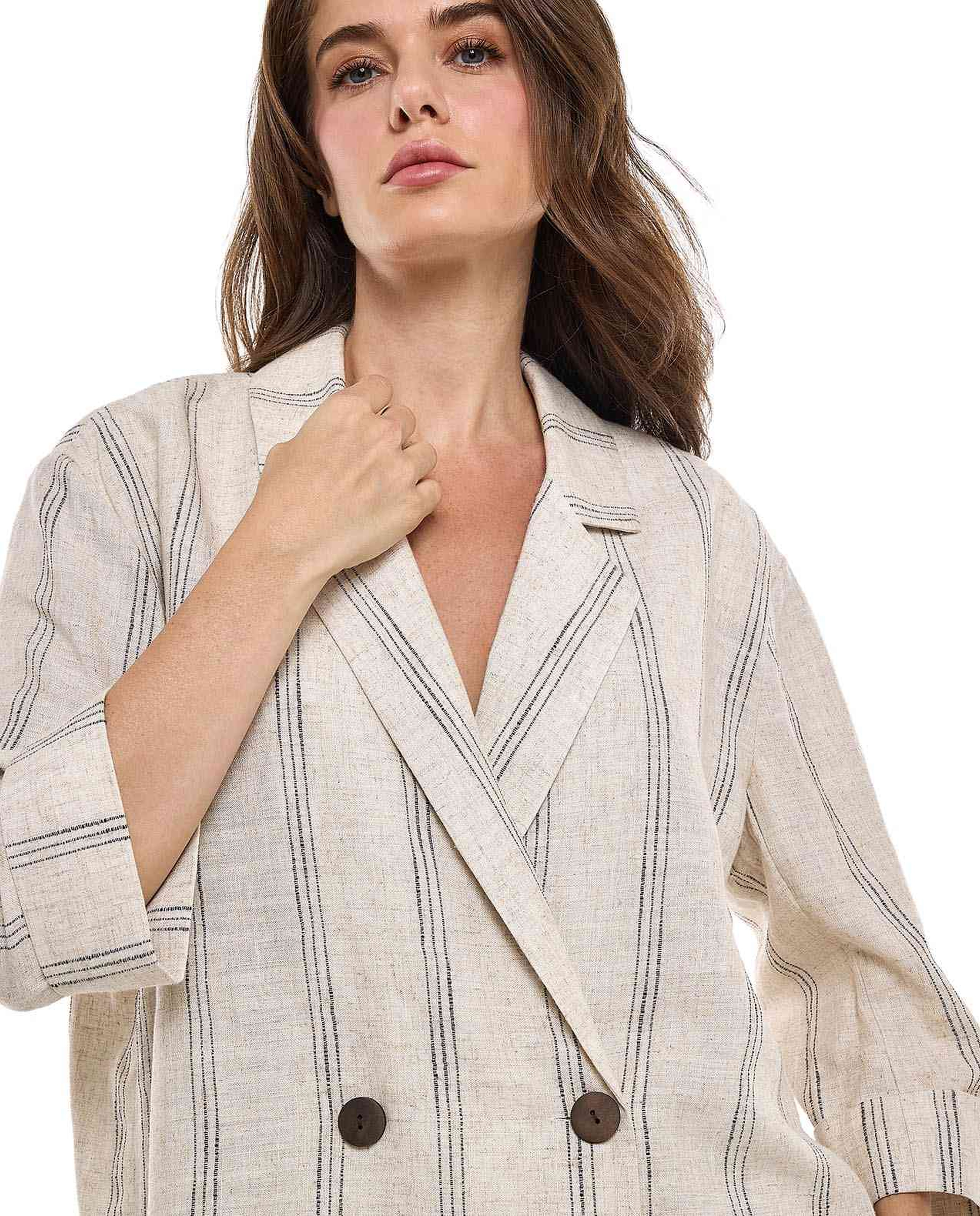 Striped Jacket with Lapel Collar and 3/4 Sleeves