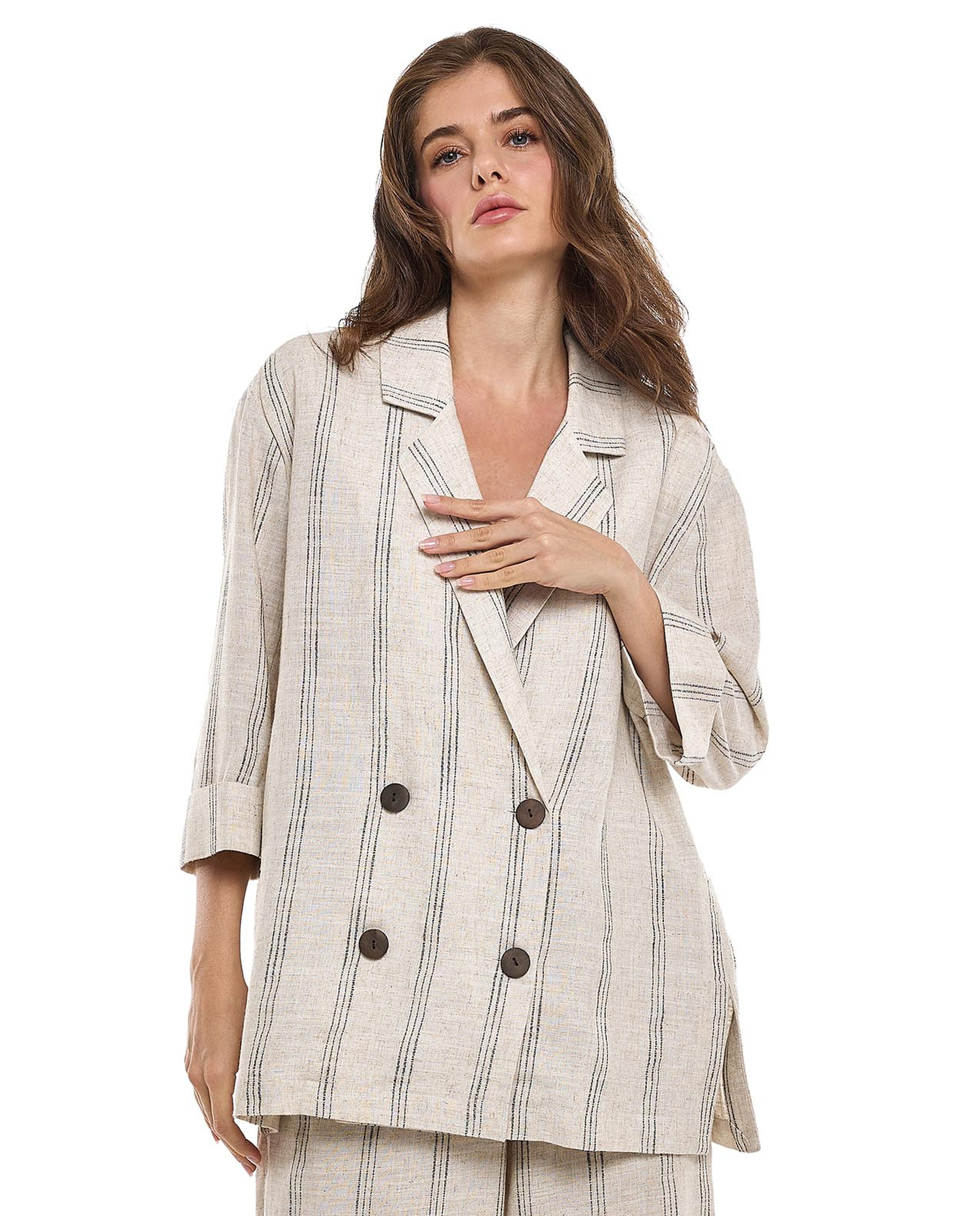 Striped Jacket with Lapel Collar and 3/4 Sleeves