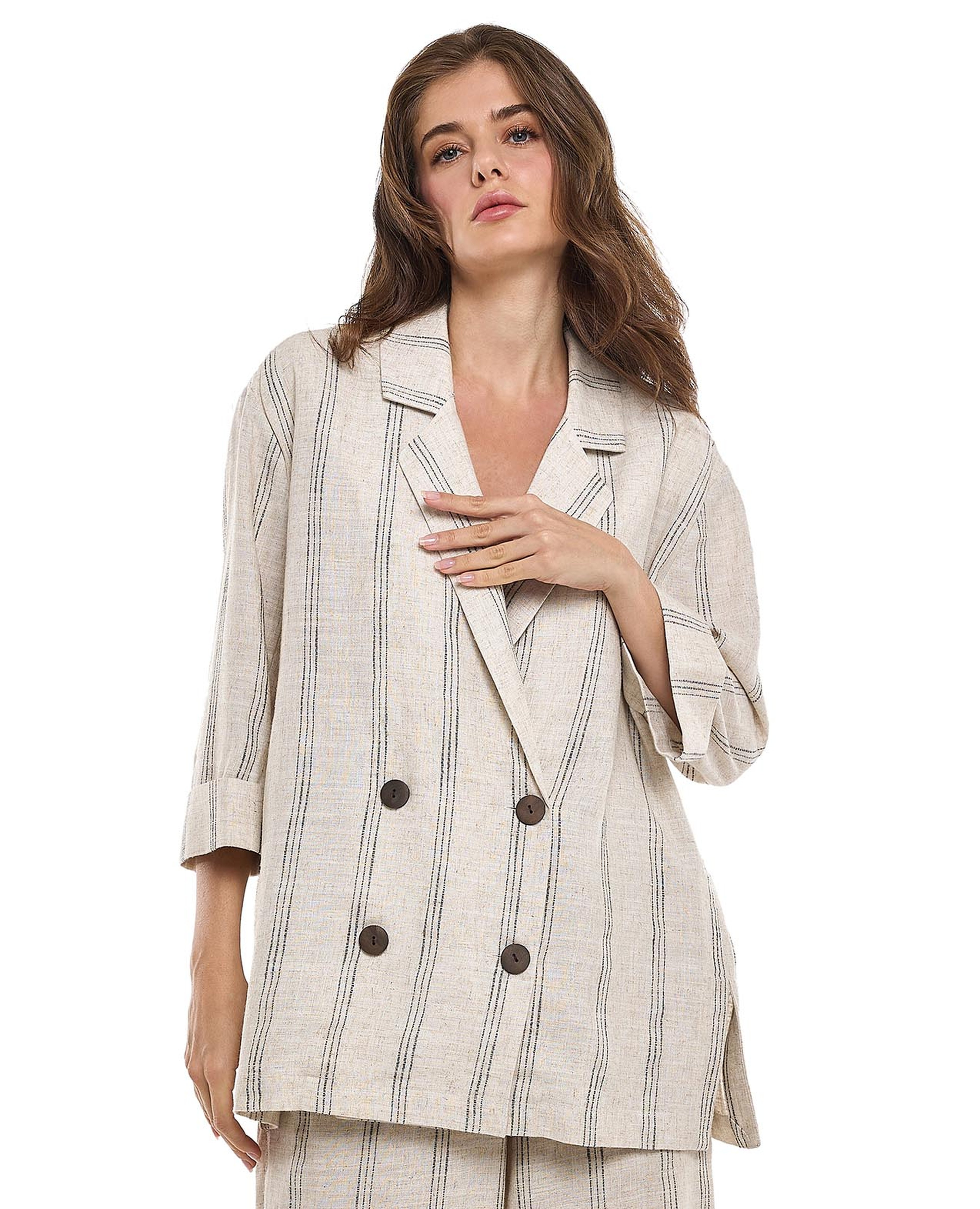 Striped Jacket with Lapel Collar and 3/4 Sleeves