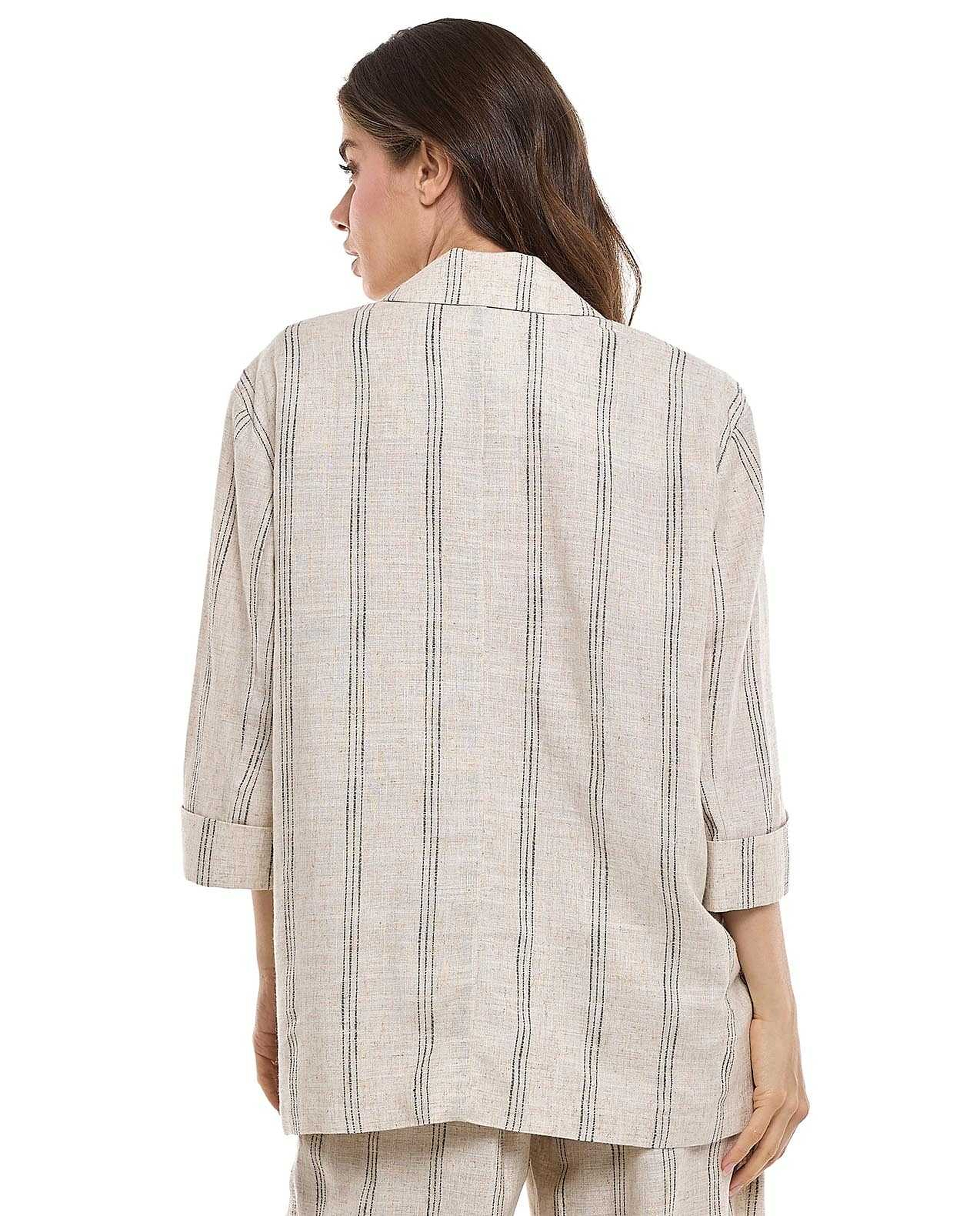 Striped Jacket with Lapel Collar and 3/4 Sleeves