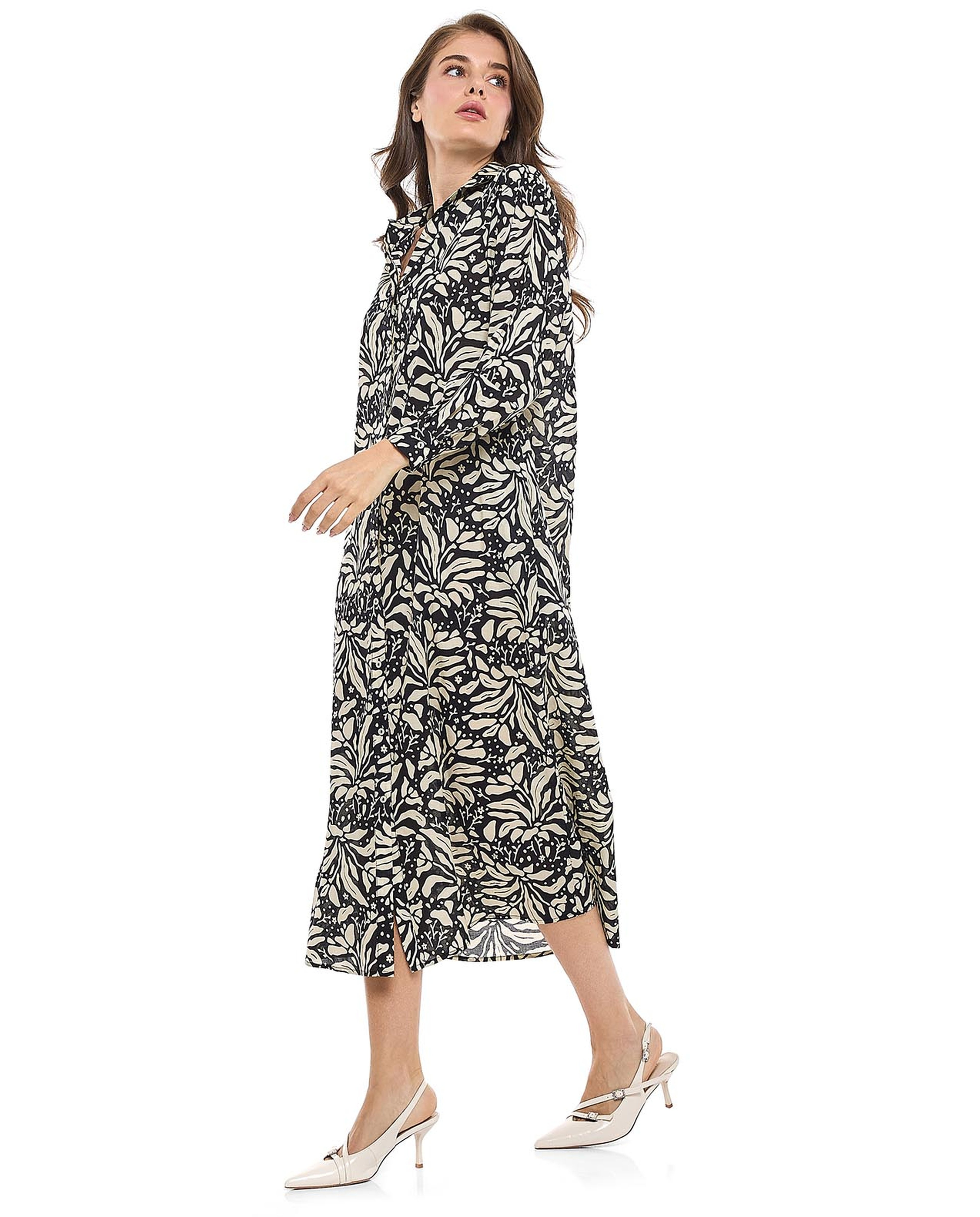 Patterned Shirt Dress with Classic Collar and Long Sleeves