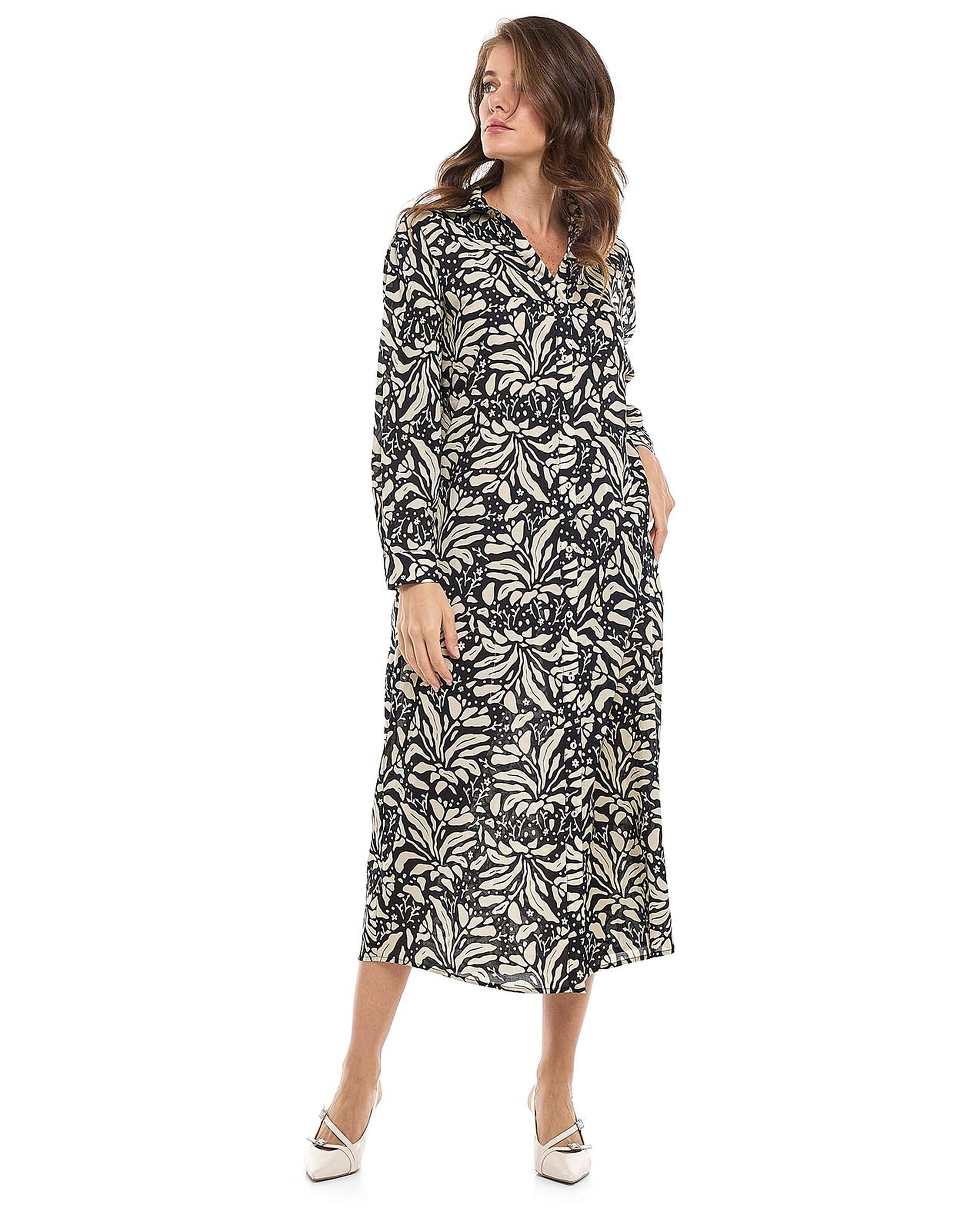 Patterned Shirt Dress with Classic Collar and Long Sleeves