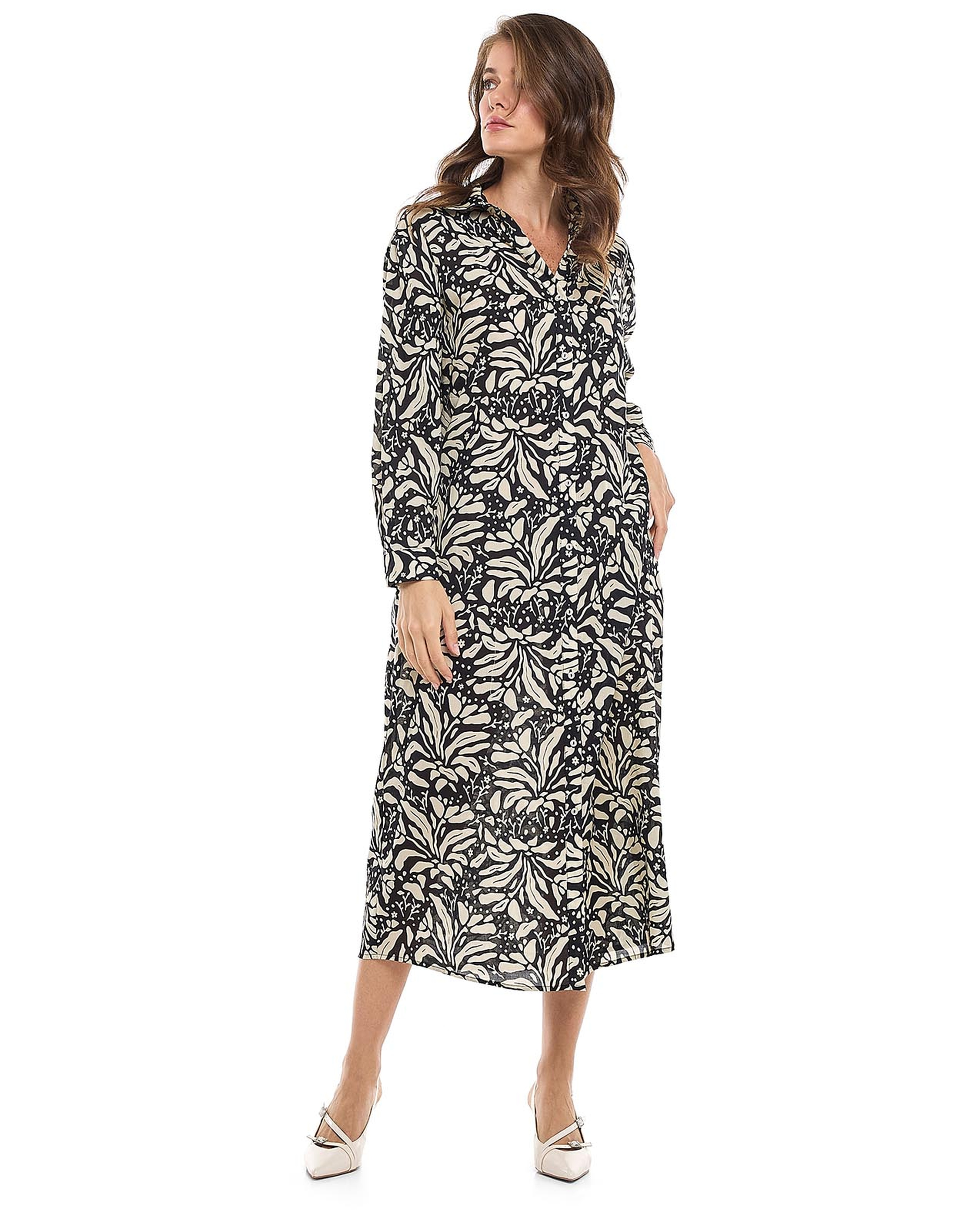 Patterned Shirt Dress with Classic Collar and Long Sleeves