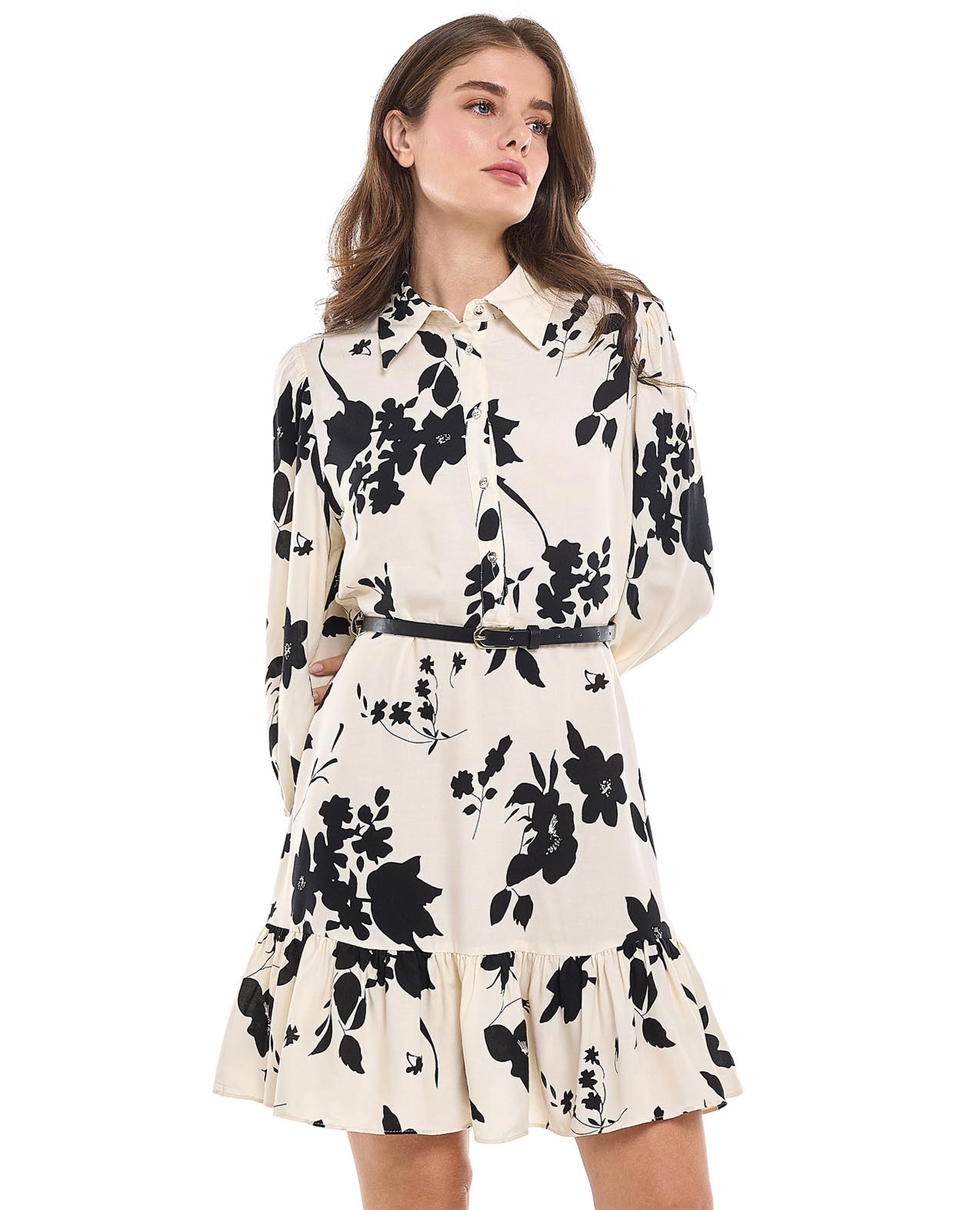 فستان قميص بطبعة وياقة كلاسيكية وأكمام طويلة