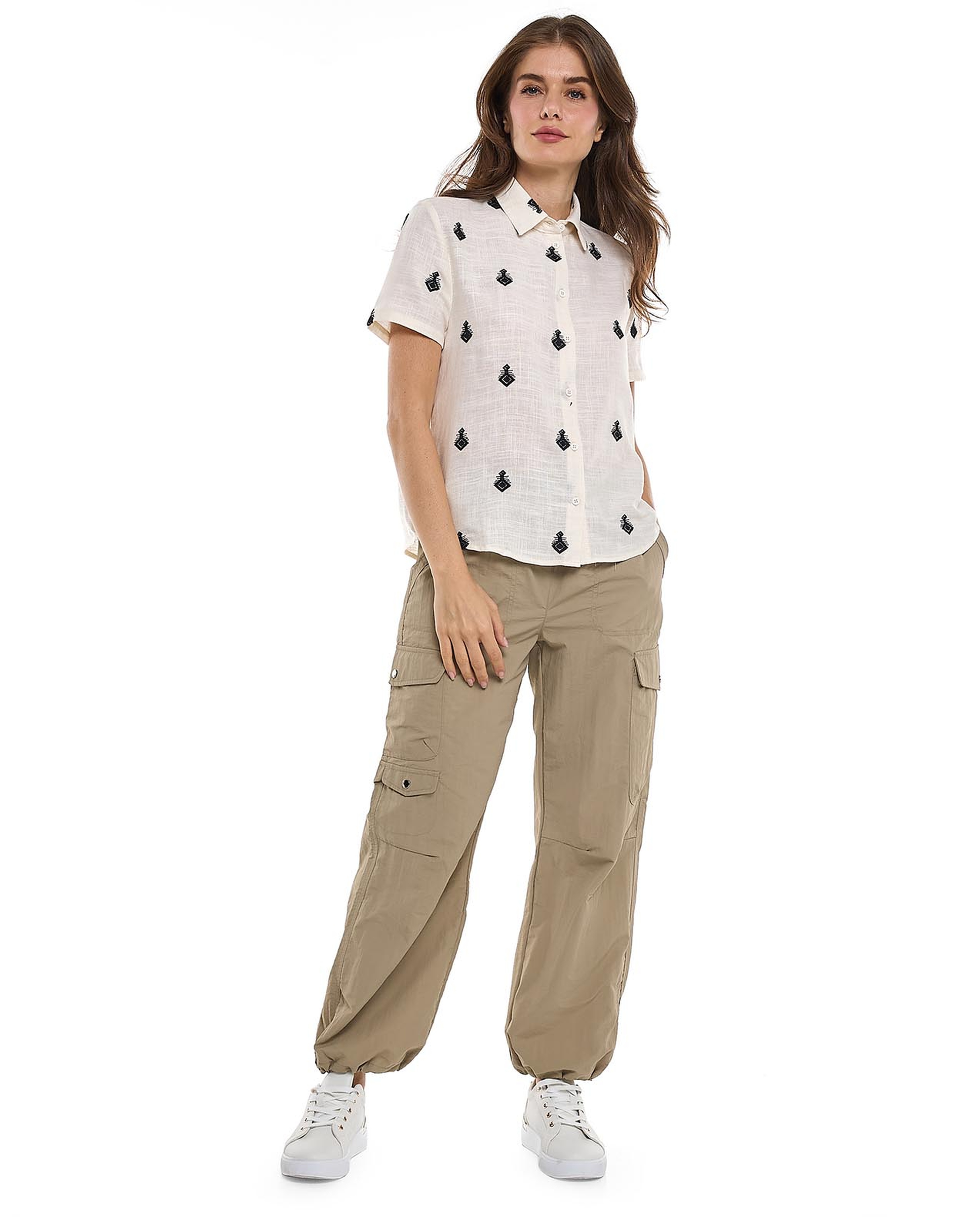 Embroidered Shirt with Classic Collar and Short Sleeves