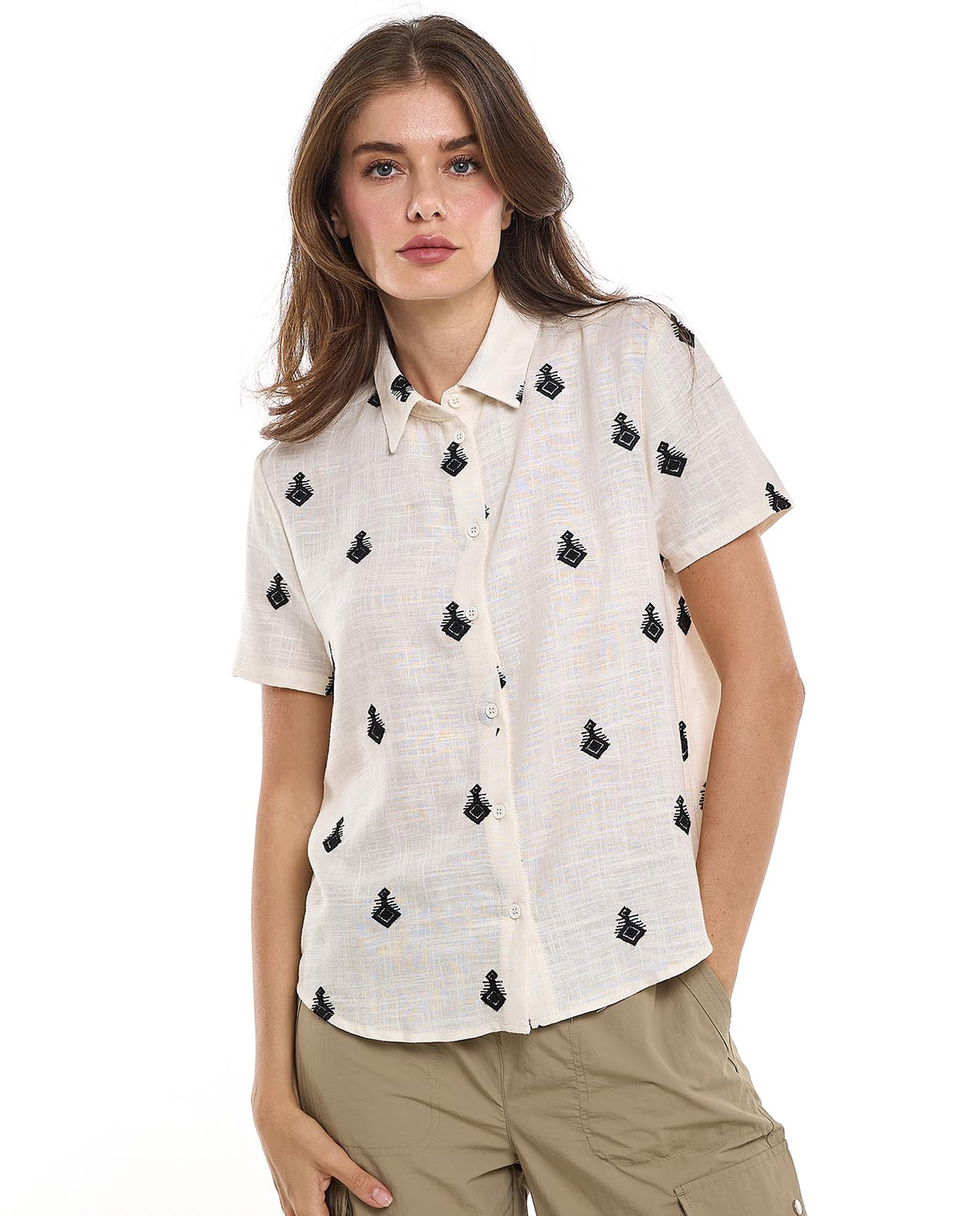 Embroidered Shirt with Classic Collar and Short Sleeves