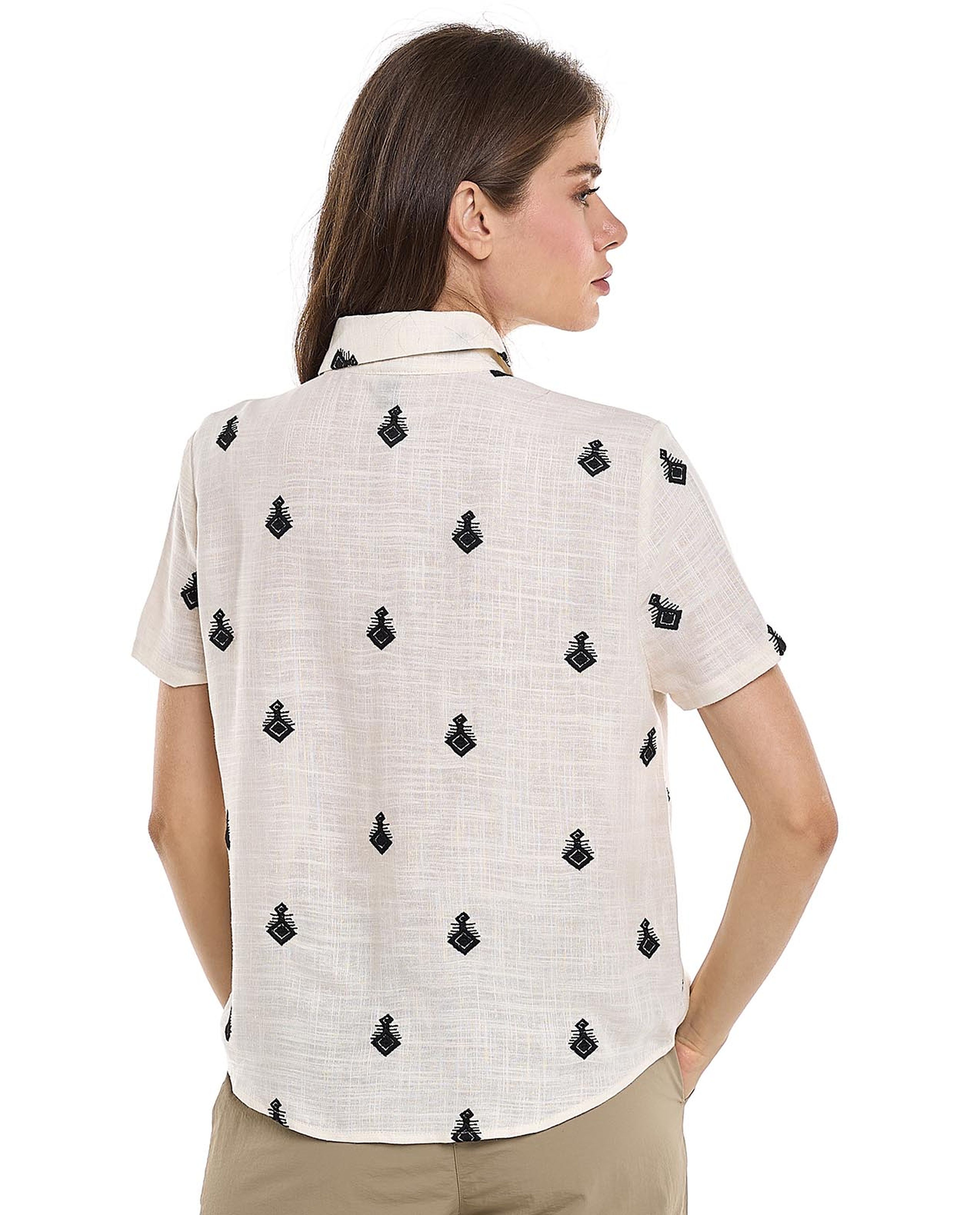 Embroidered Shirt with Classic Collar and Short Sleeves