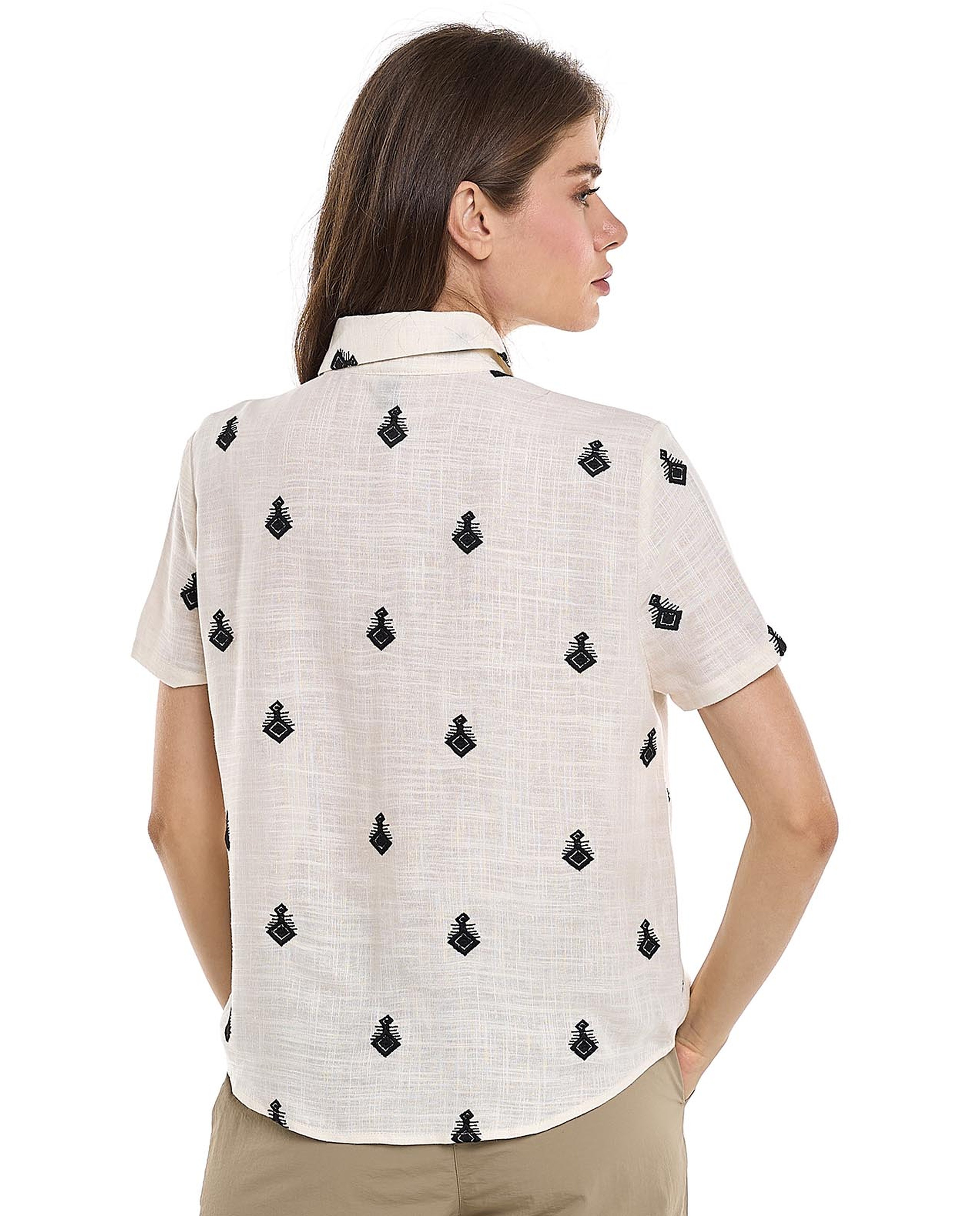 Embroidered Shirt with Classic Collar and Short Sleeves