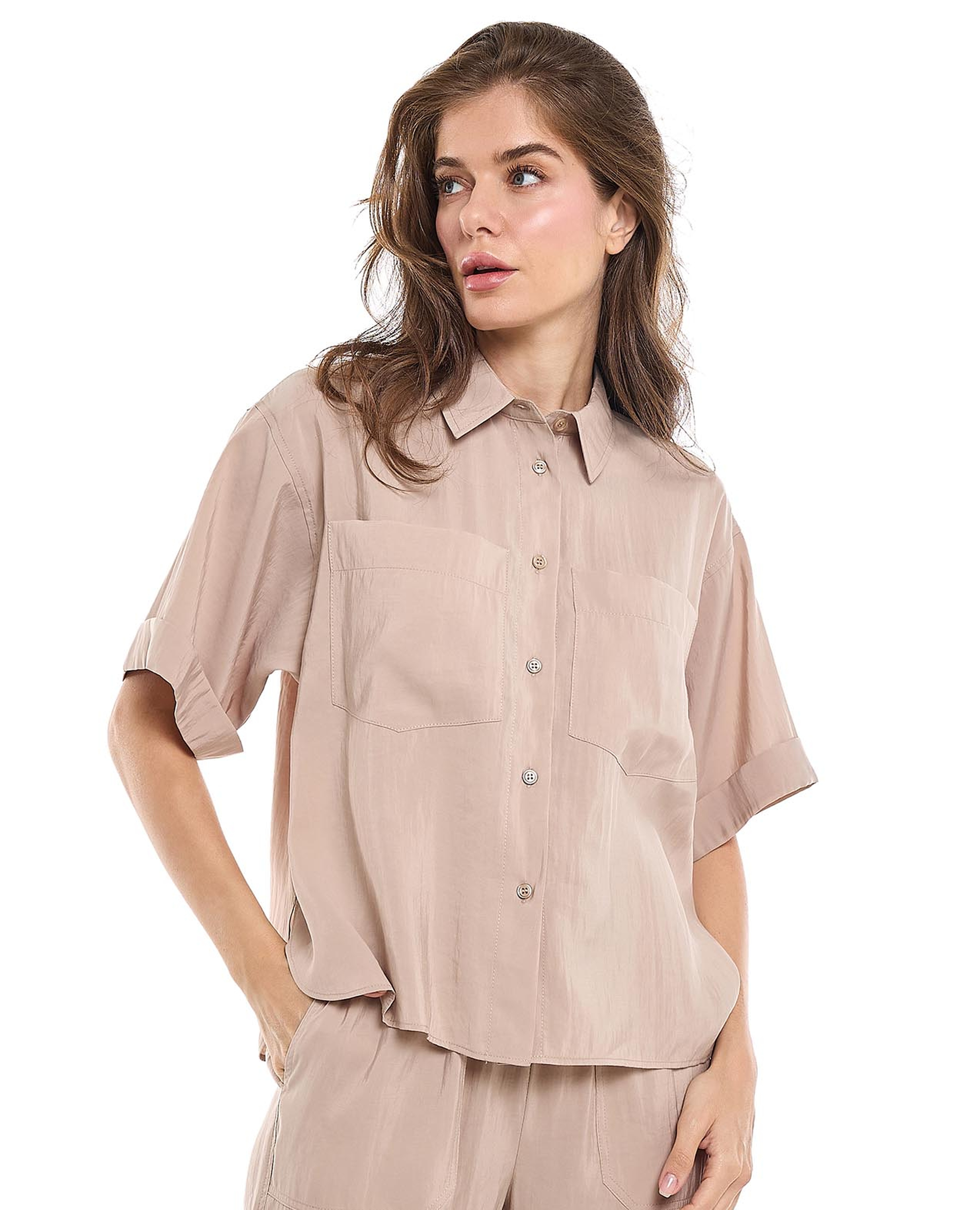 Pocket Detail Shirt with Classic Collar and Short Sleeves