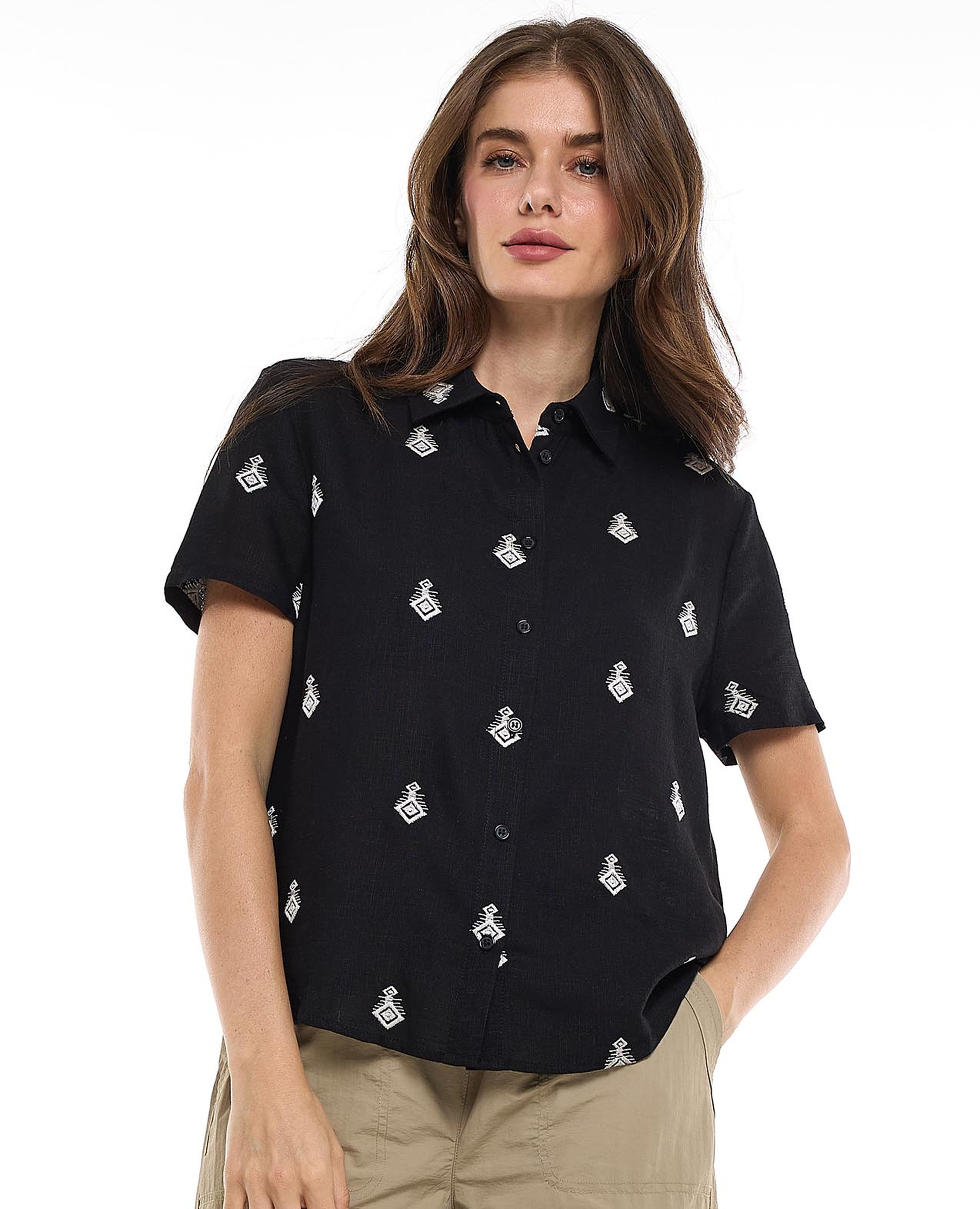 Embroidered Shirt with Classic Collar and Short Sleeves