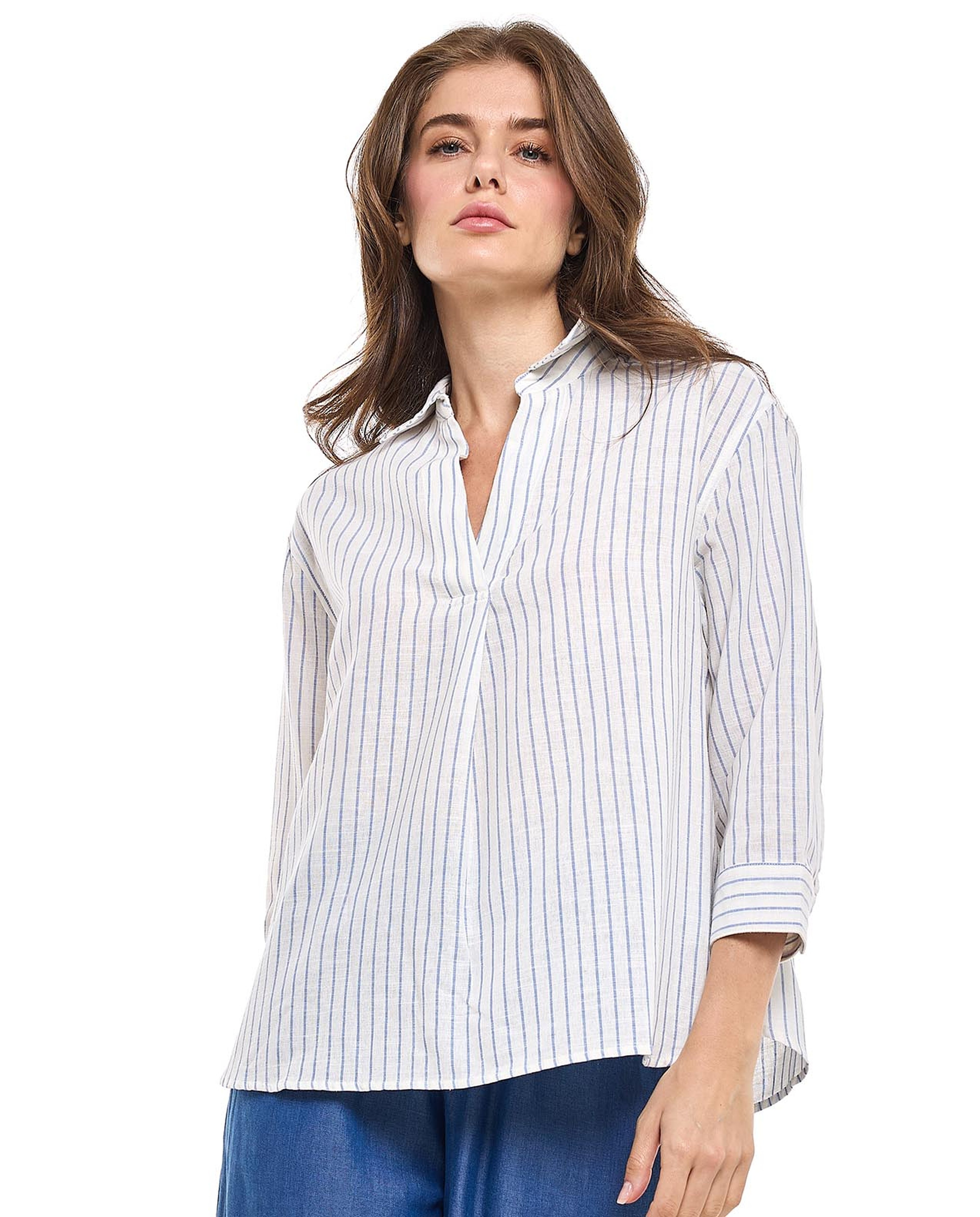 Striped Collared Top with 3/4 Sleeves