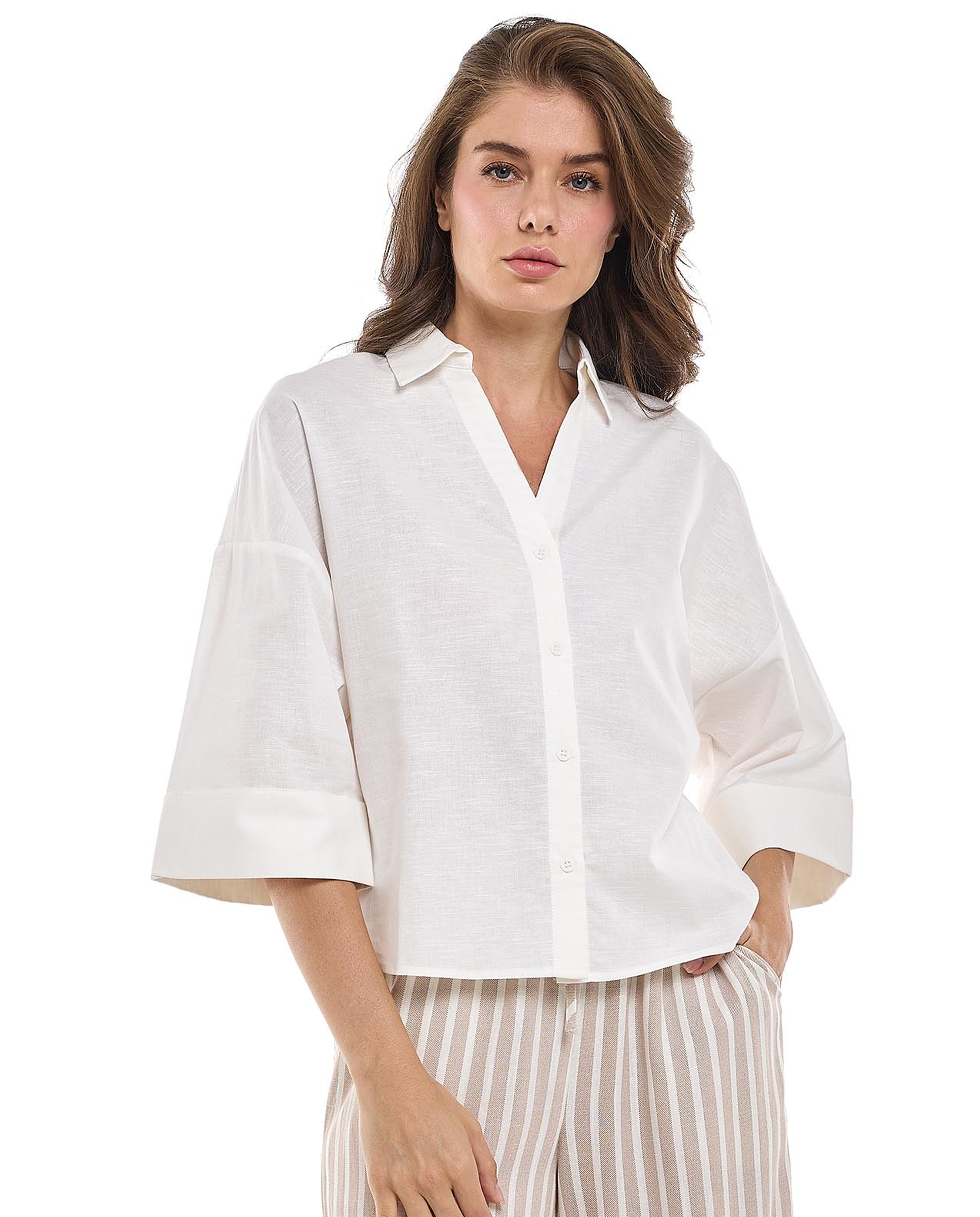 Solid Oversized Shirt with Classic Collar and Short Sleeves