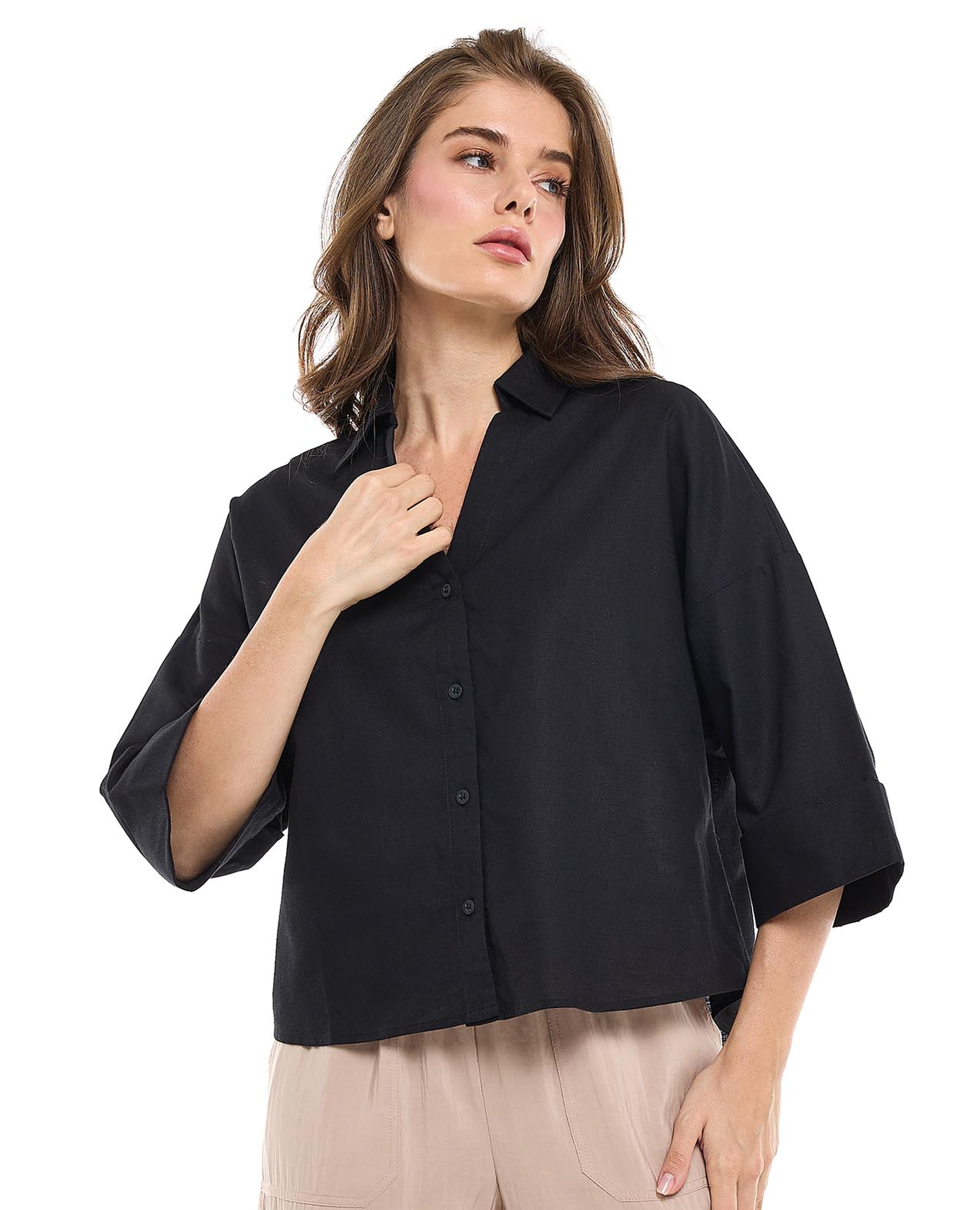 Solid Oversized Shirt with Classic Collar and Short Sleeves