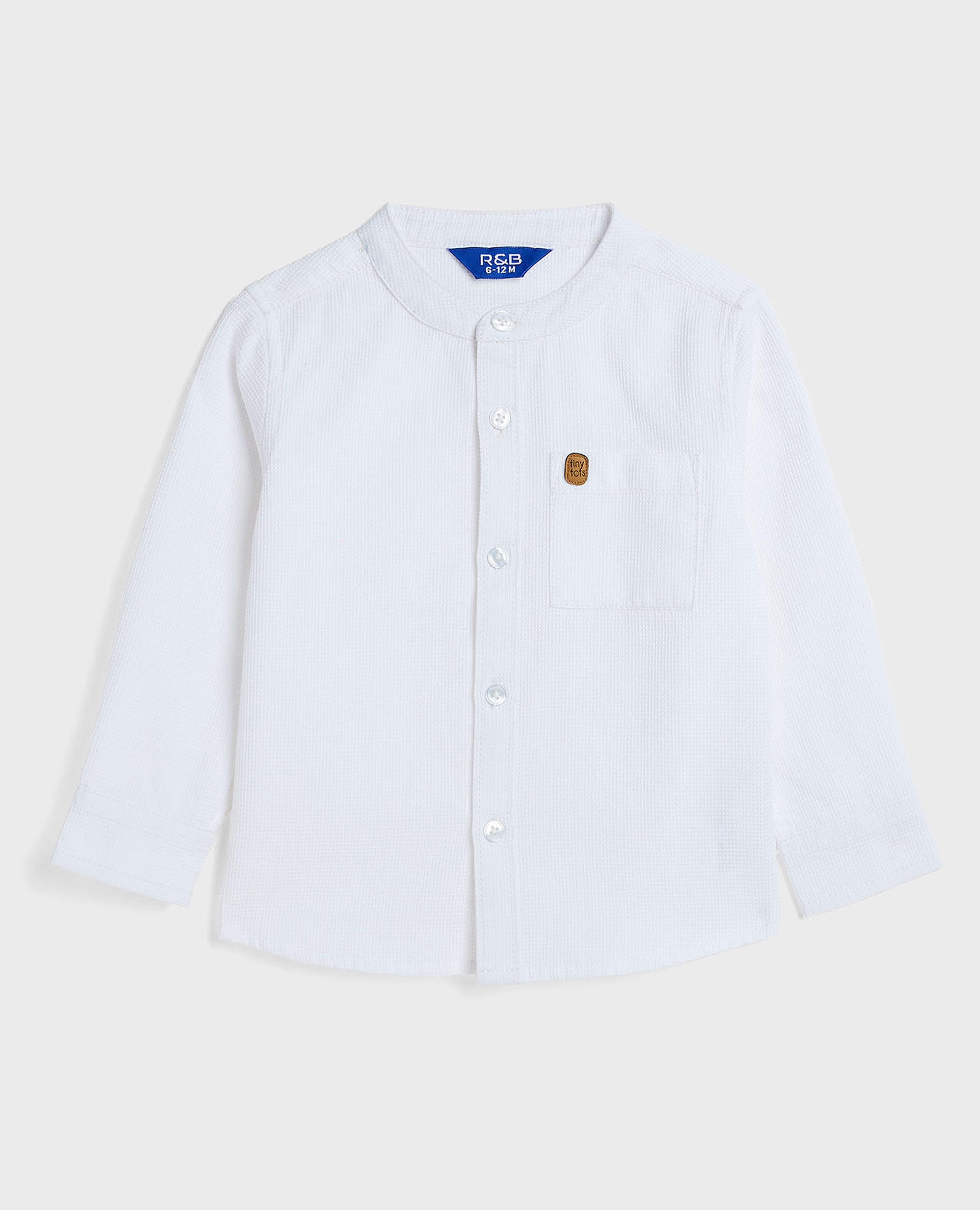 Waffle Textured Shirt with Mandarin Collar and Long Sleeves