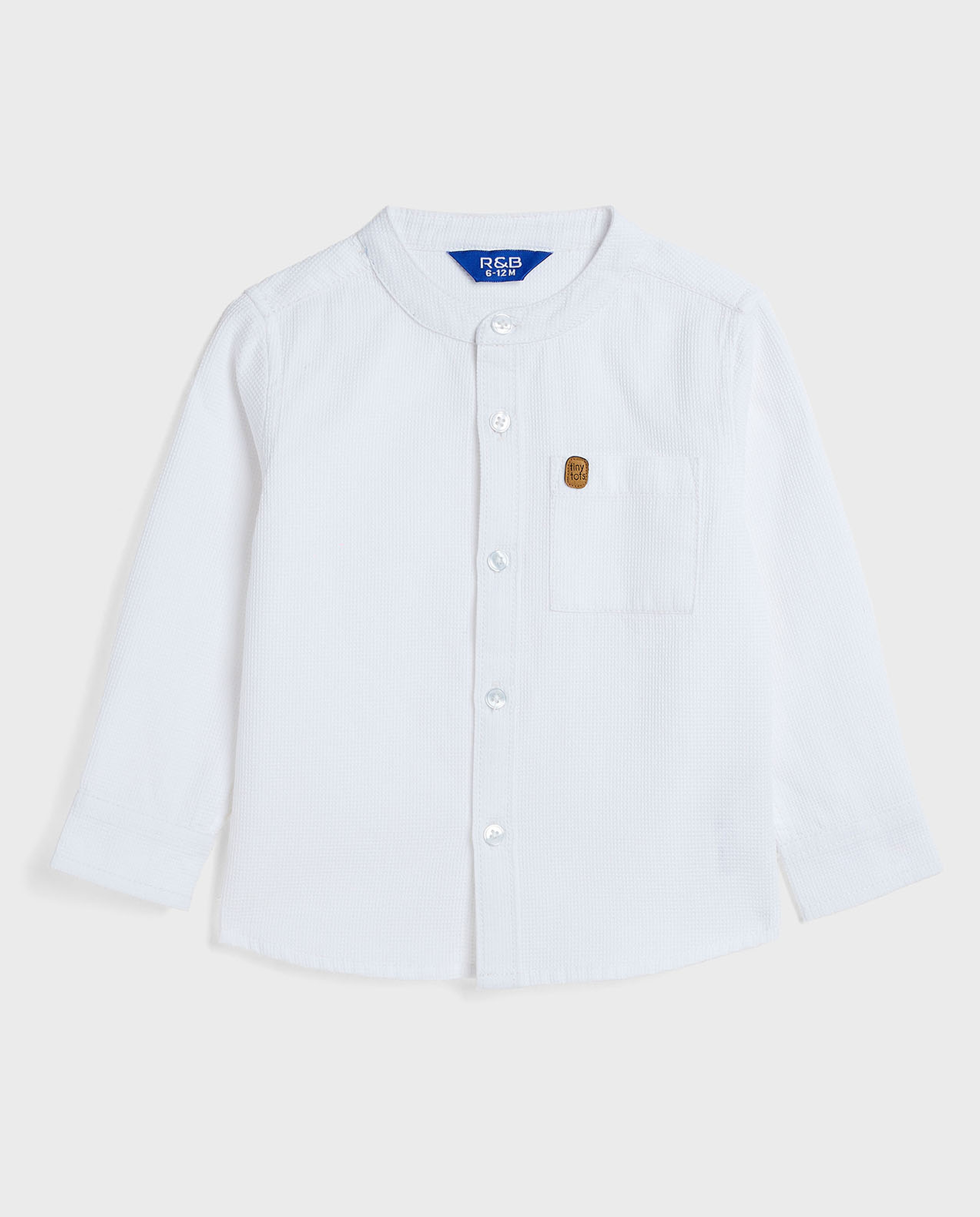 Waffle Textured Shirt with Mandarin Collar and Long Sleeves