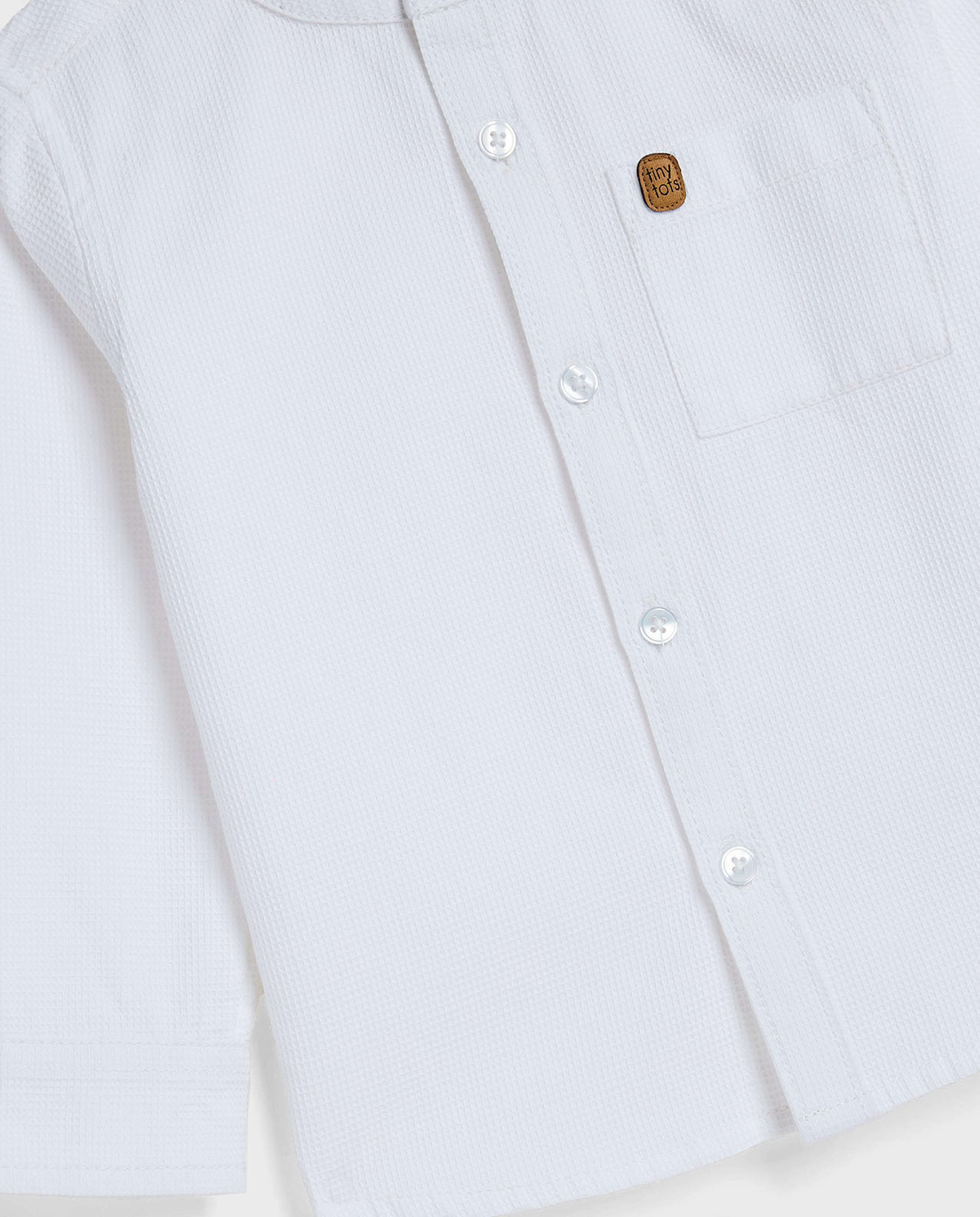 Waffle Textured Shirt with Mandarin Collar and Long Sleeves