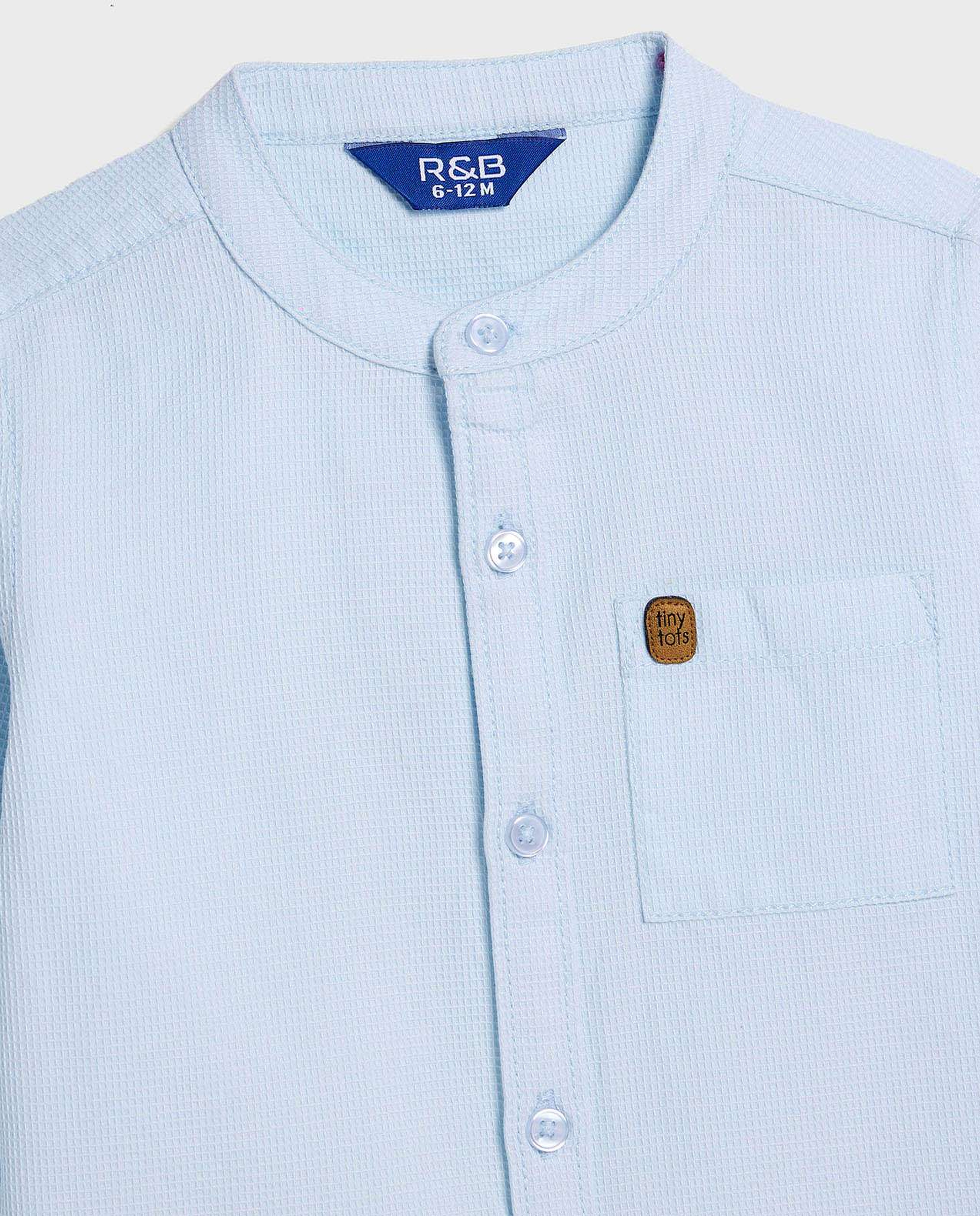 Waffle Textured Shirt with Mandarin Collar and Long Sleeves