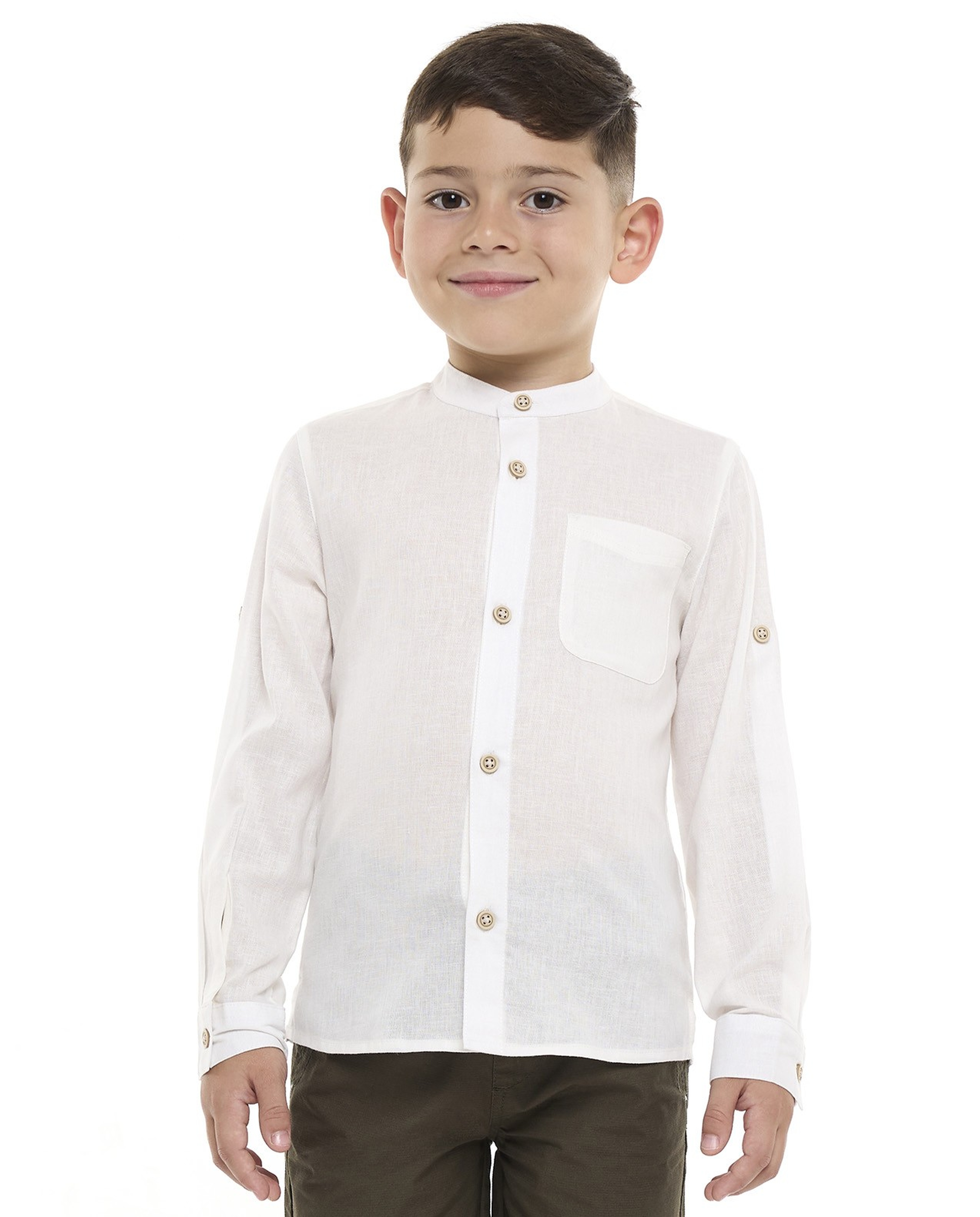 Pocket Detail Shirt with Mandarin Collar and Long Sleeves