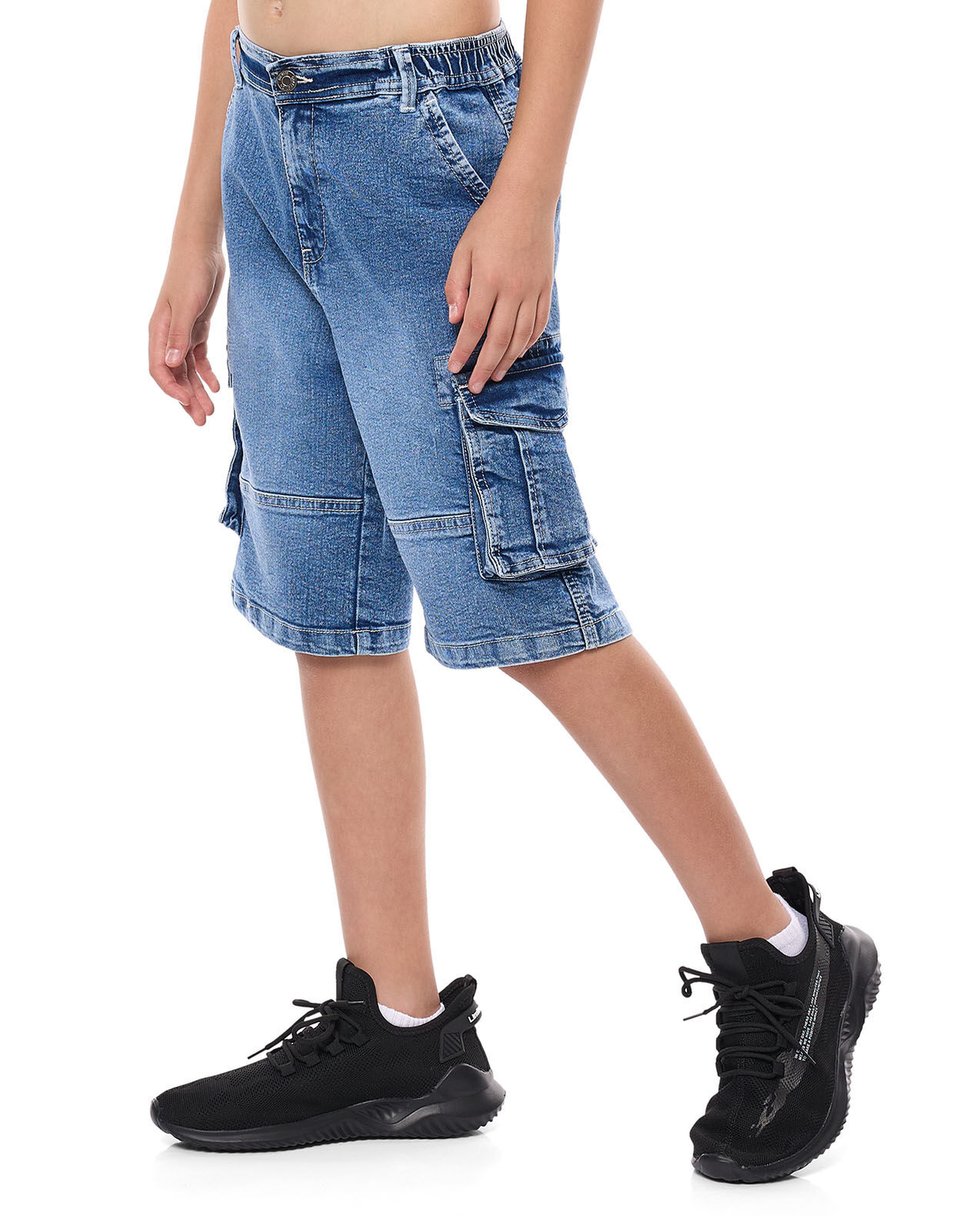 Faded Cargo Denim Shorts with Button Closure