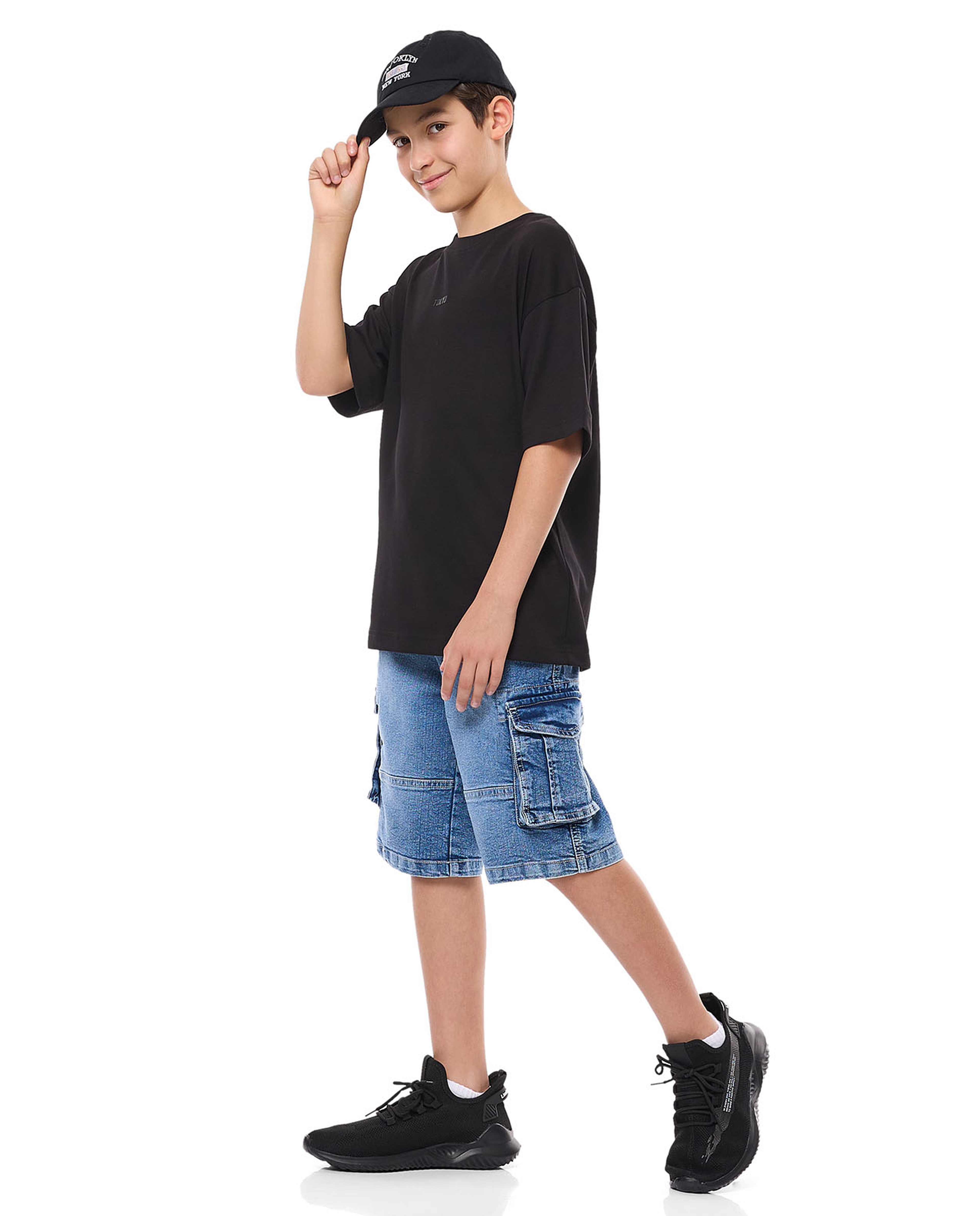 Faded Cargo Denim Shorts with Button Closure