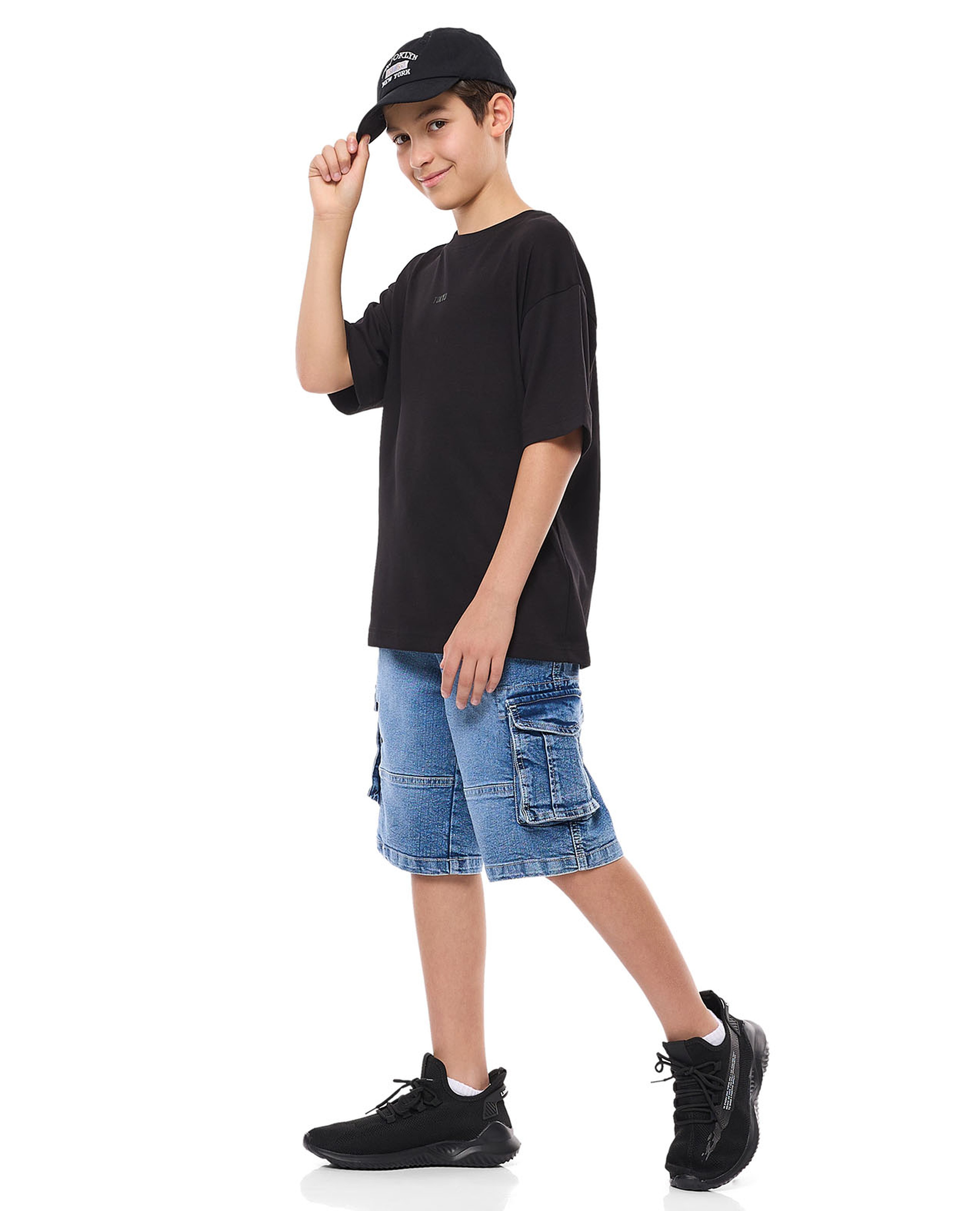 Faded Cargo Denim Shorts with Button Closure