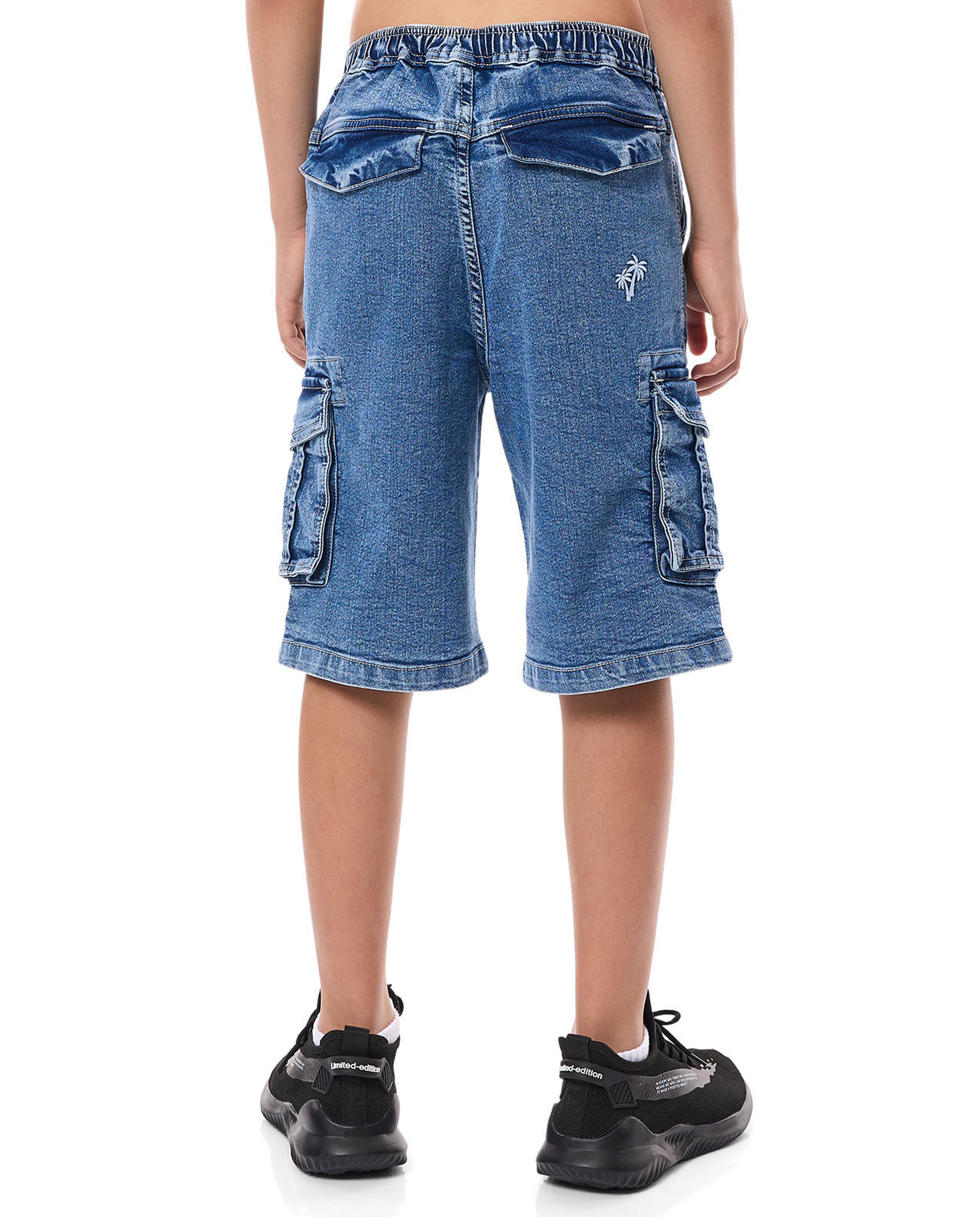Faded Cargo Denim Shorts with Button Closure