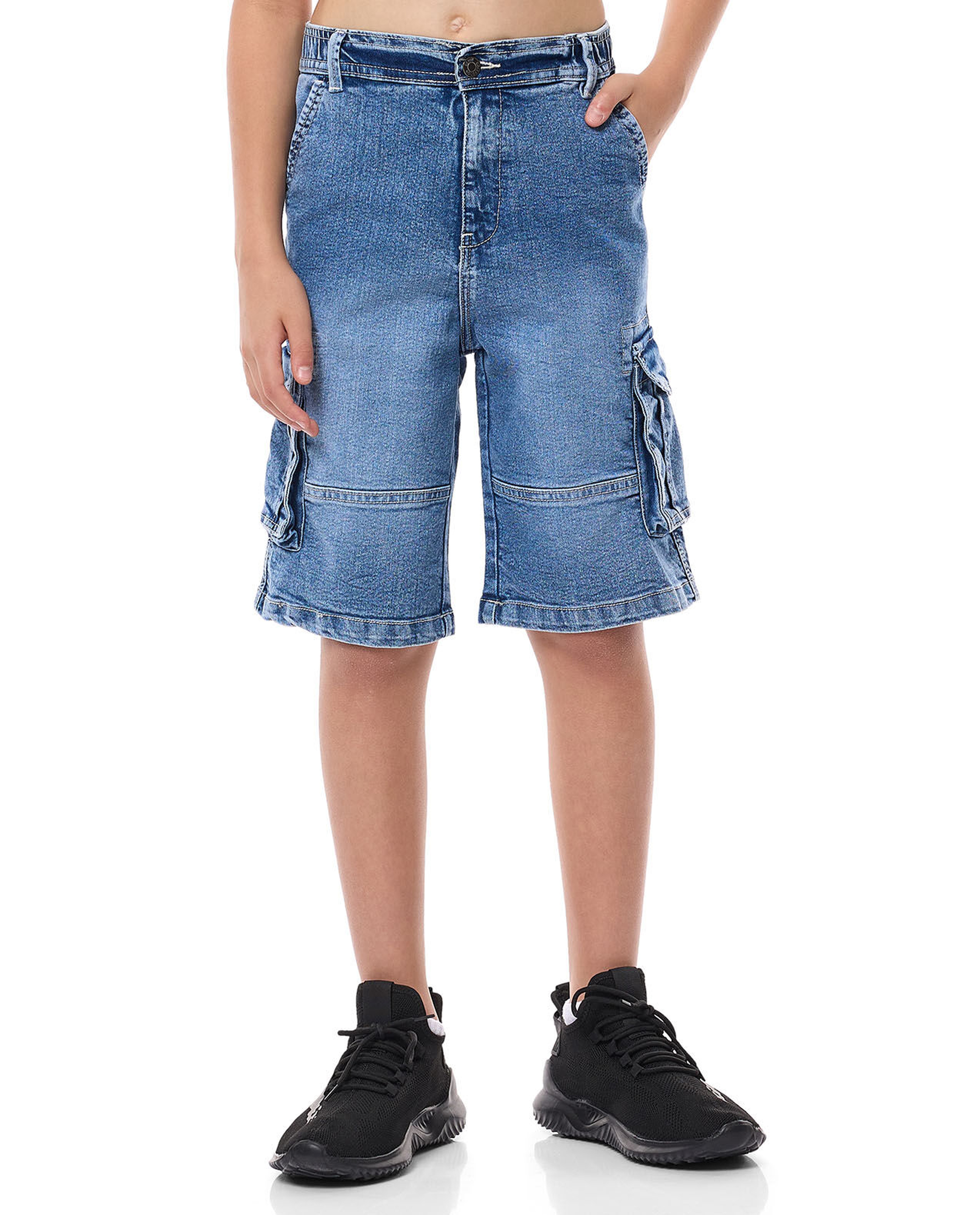 Faded Cargo Denim Shorts with Button Closure