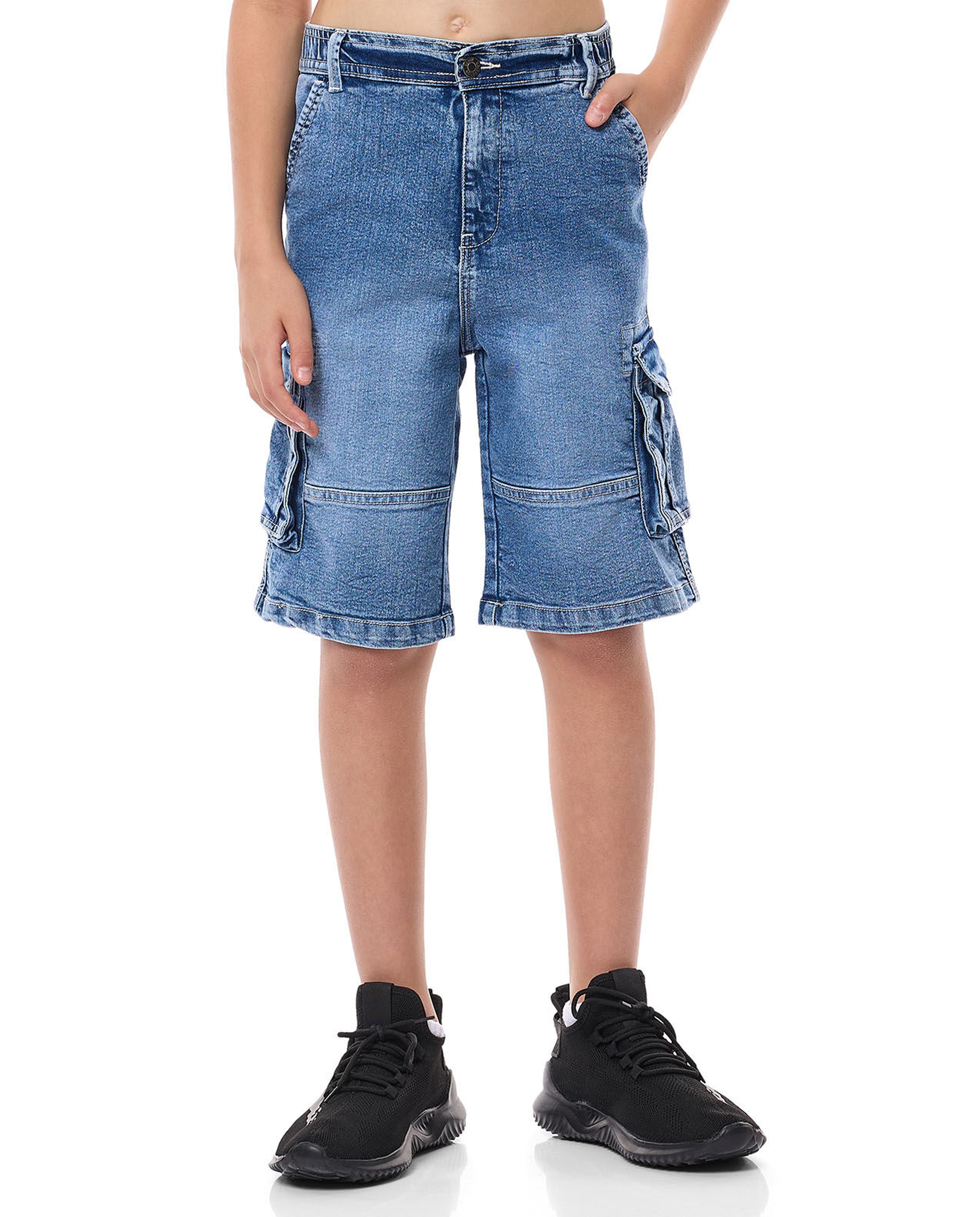 Faded Cargo Denim Shorts with Button Closure