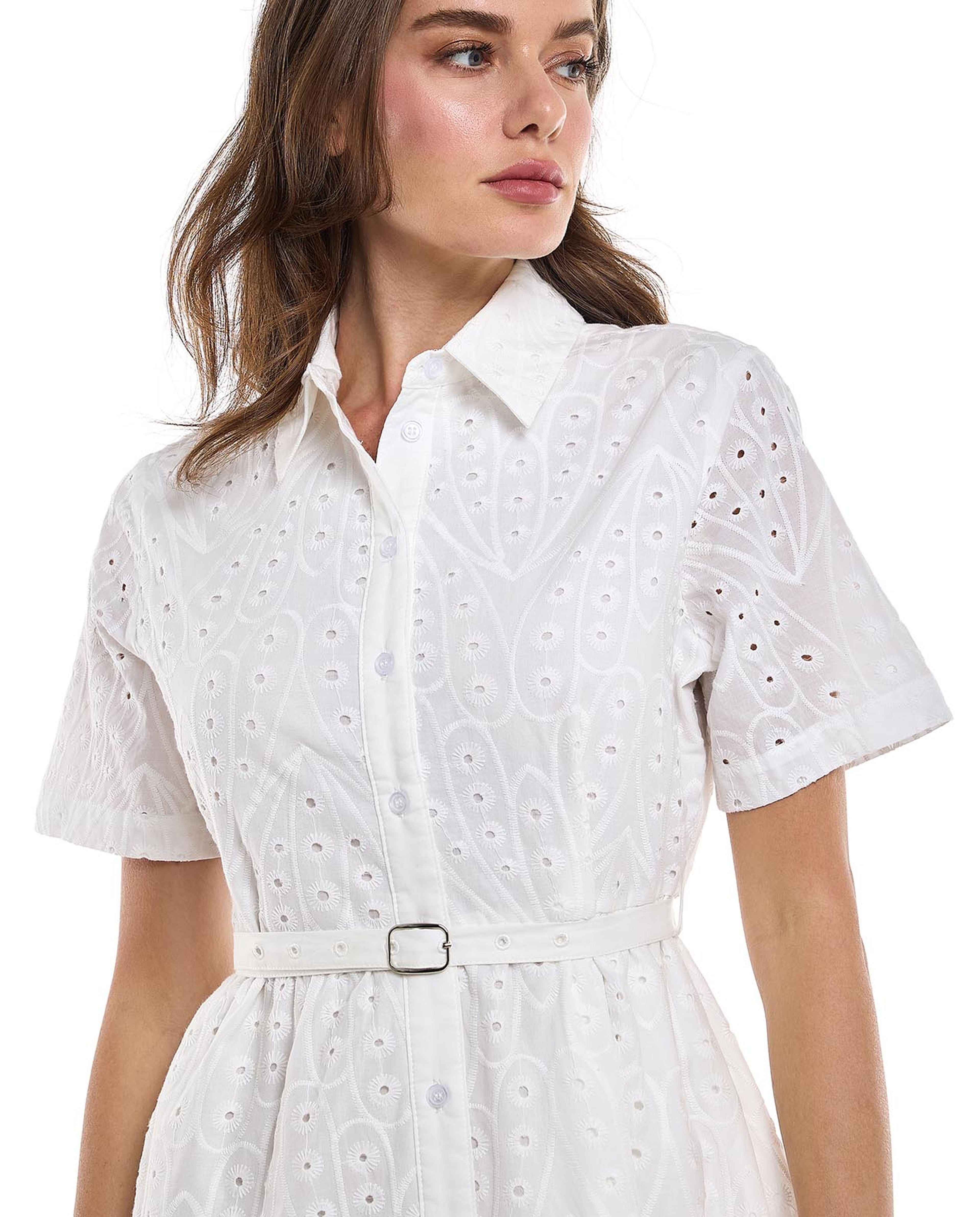 Schiffli Shirt Dress with Classic Collar and Short Sleeves