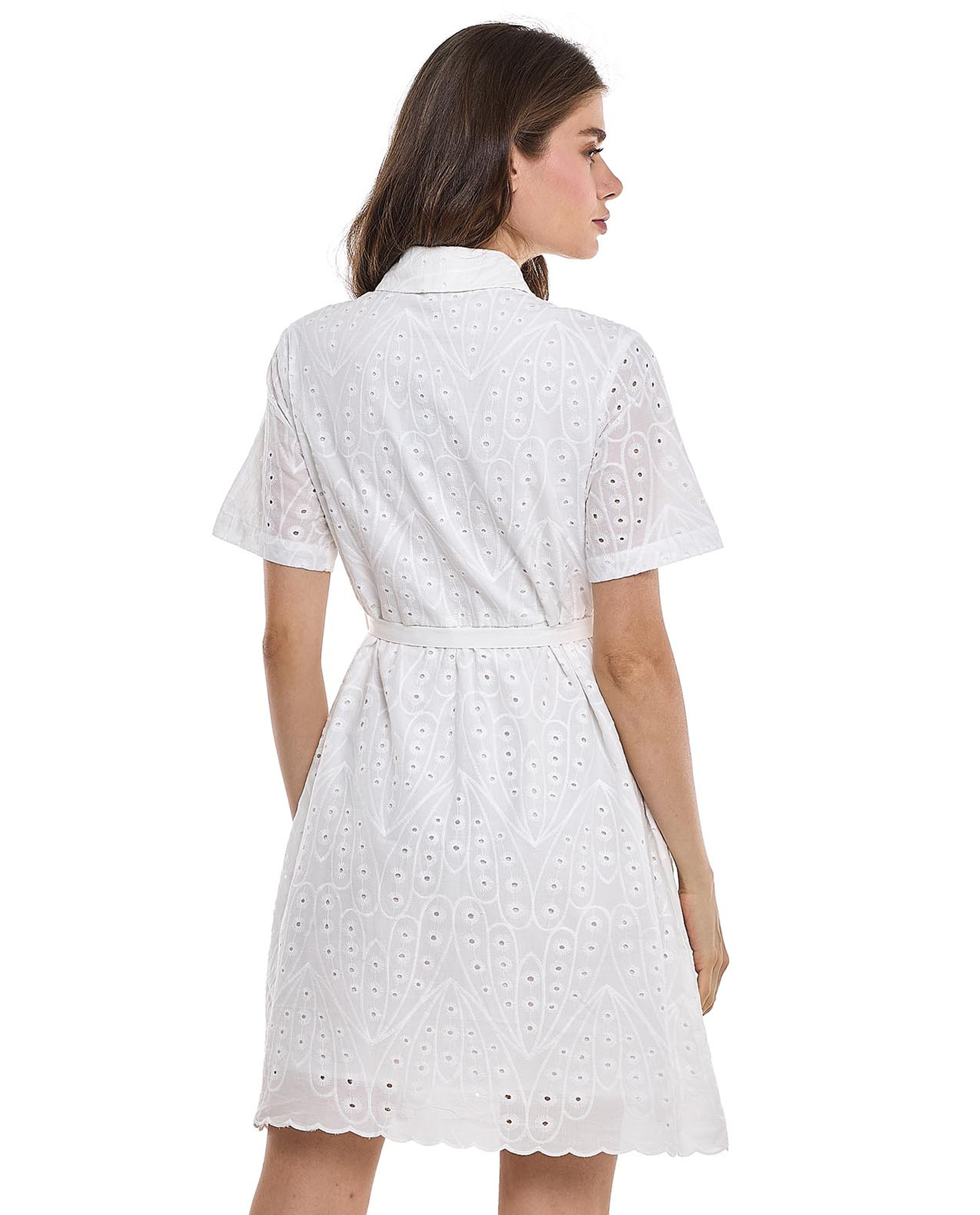 Schiffli Shirt Dress with Classic Collar and Short Sleeves