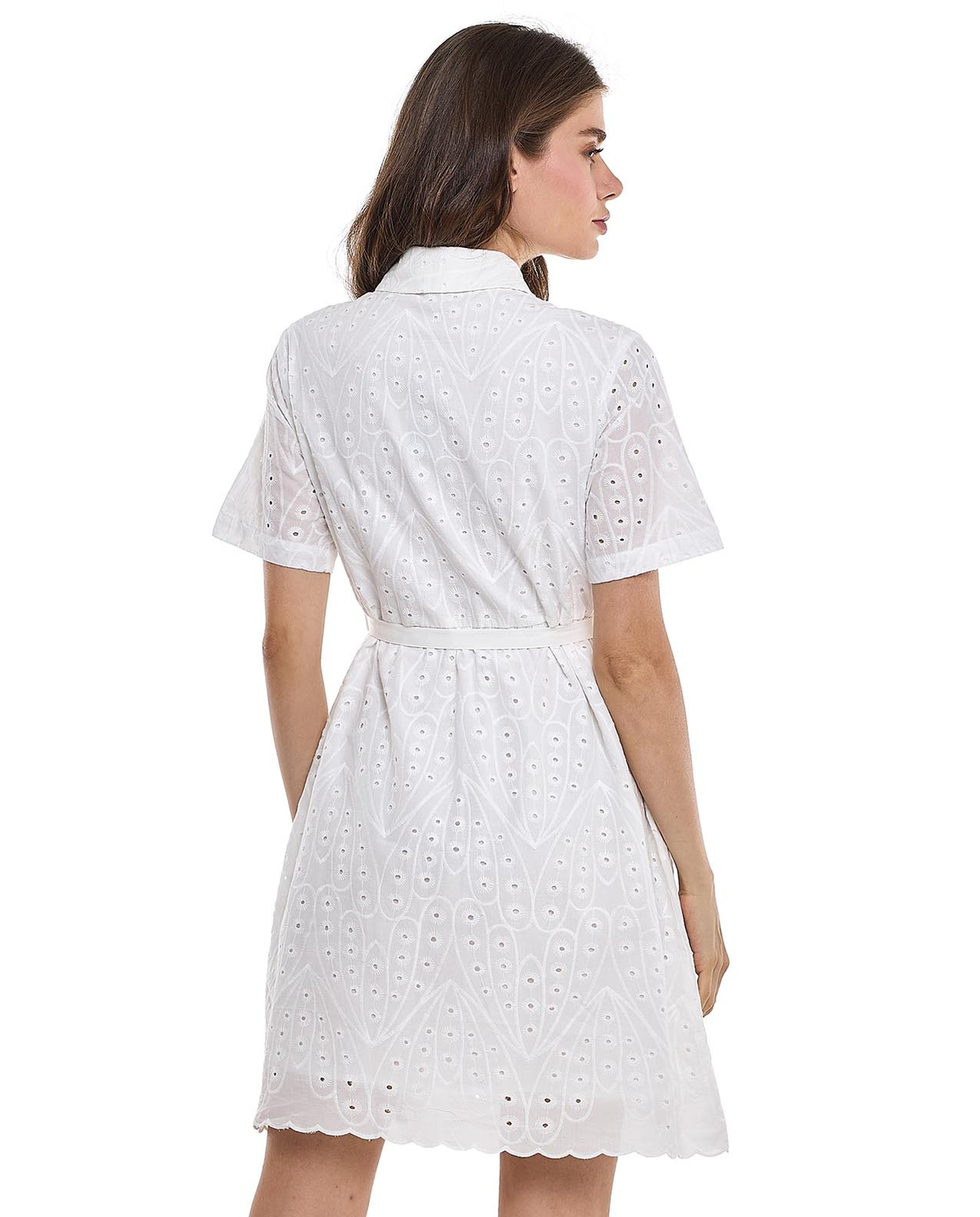 Schiffli Shirt Dress with Classic Collar and Short Sleeves