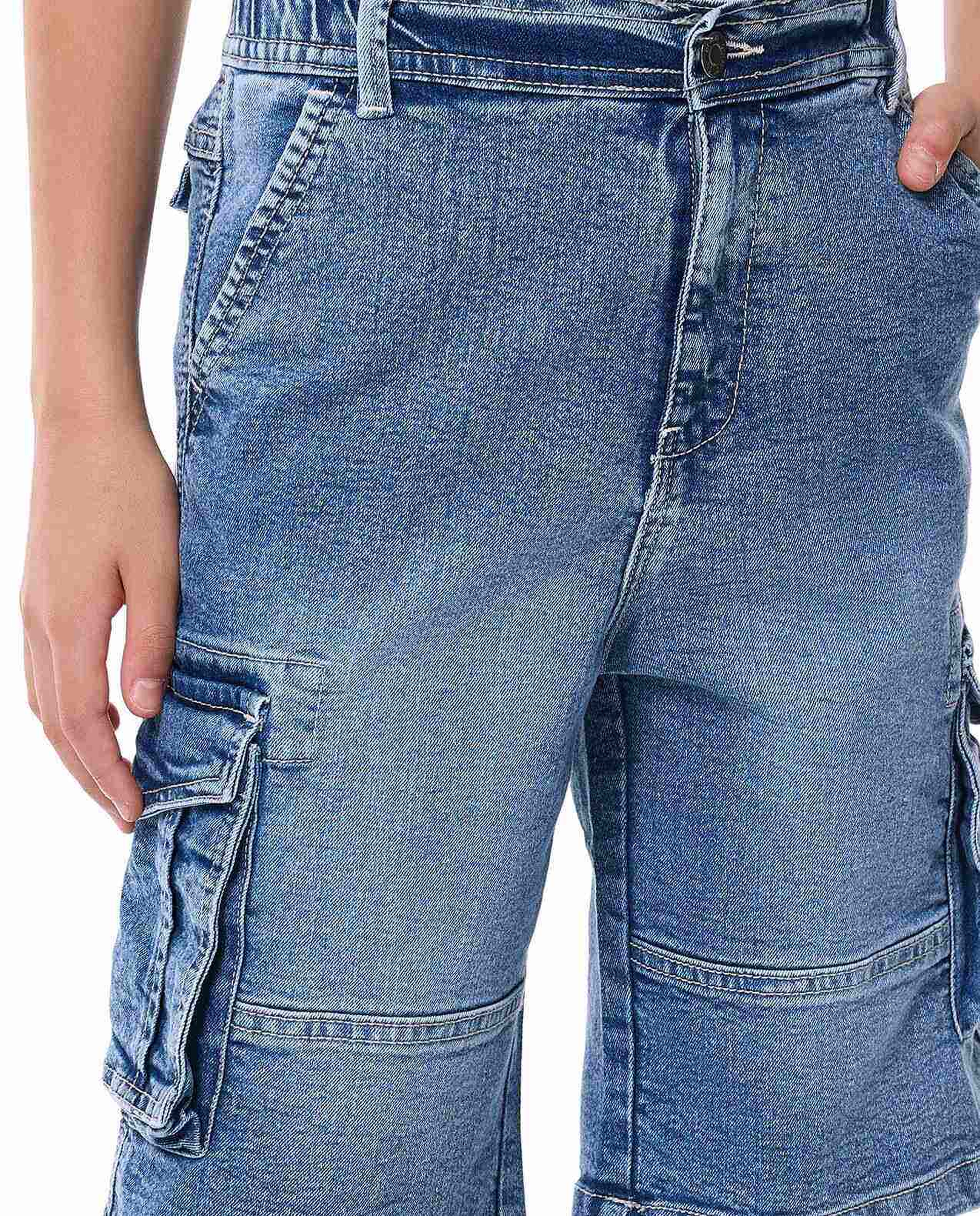 Faded Cargo Denim Shorts with Button Closure