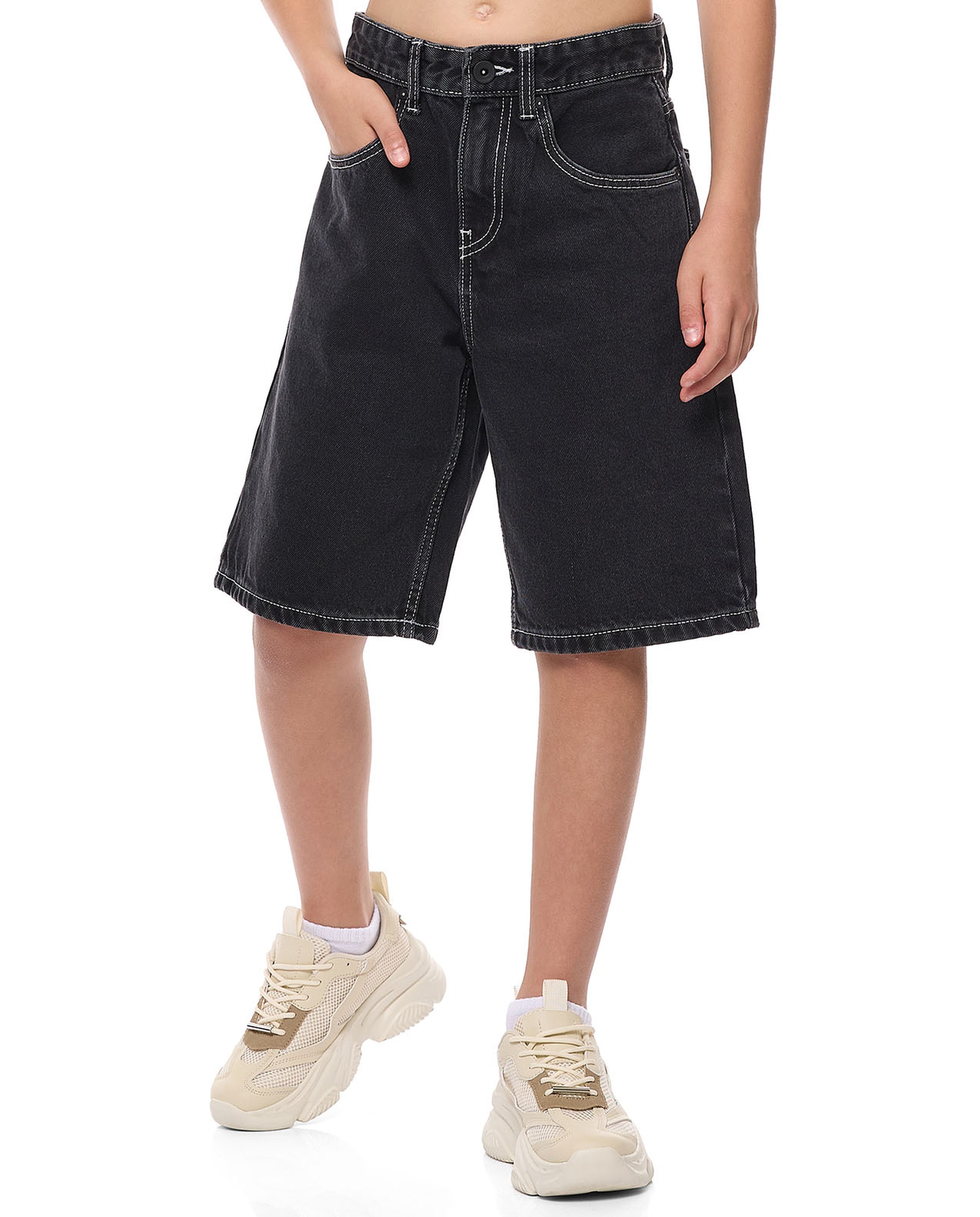 Contrast Stitch Bermuda Denim Shorts with Button Closure