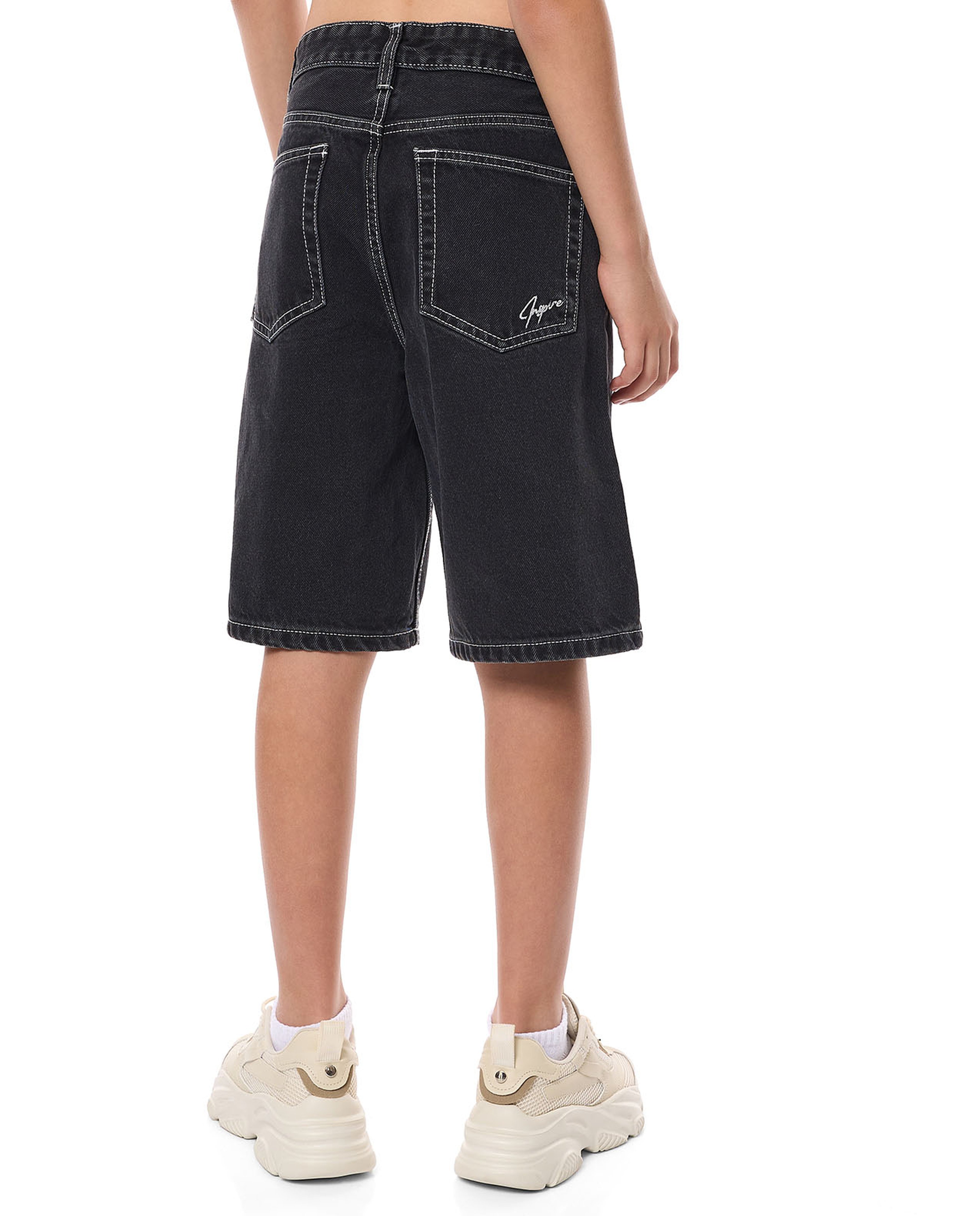 Contrast Stitch Bermuda Denim Shorts with Button Closure