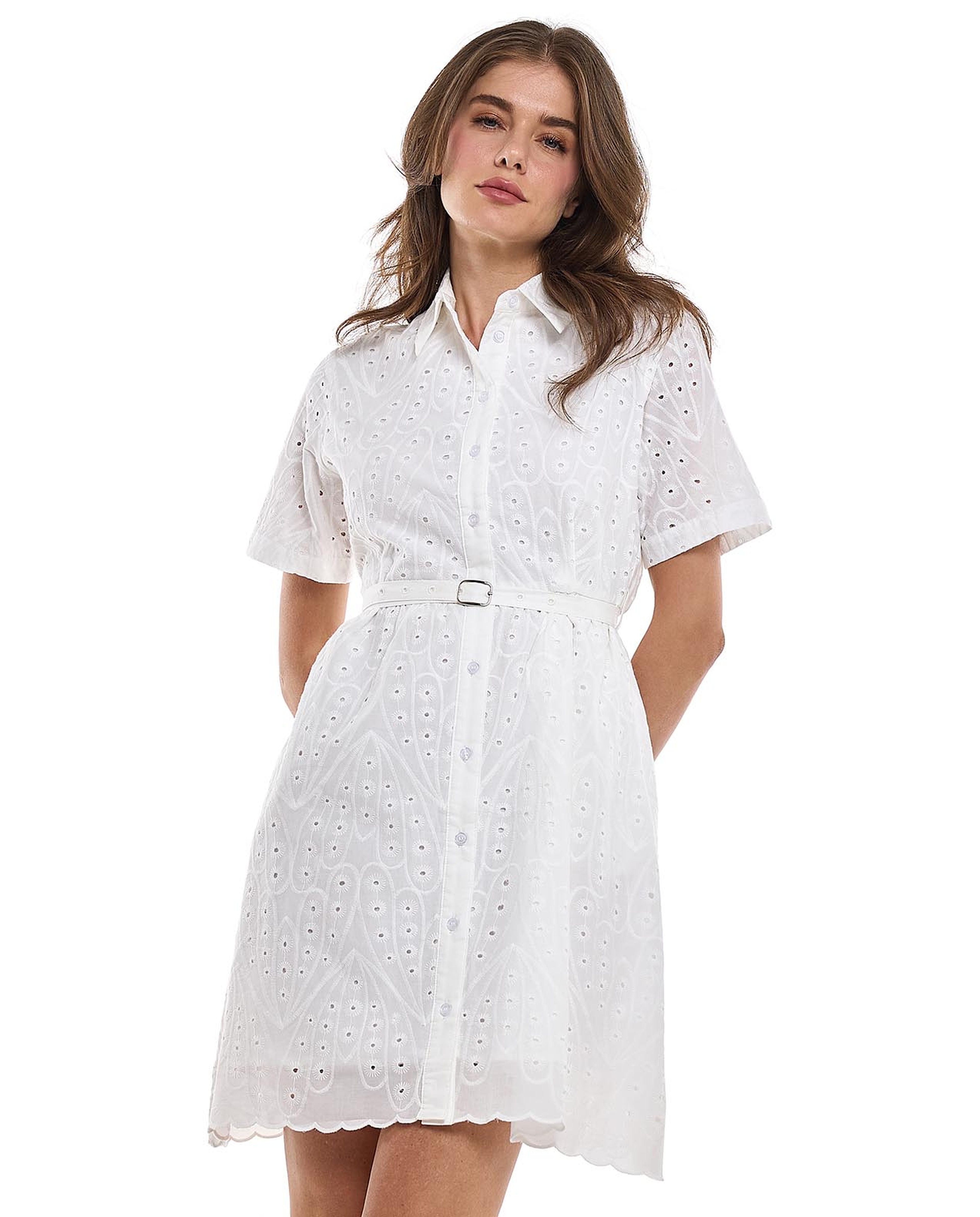 Schiffli Shirt Dress with Classic Collar and Short Sleeves