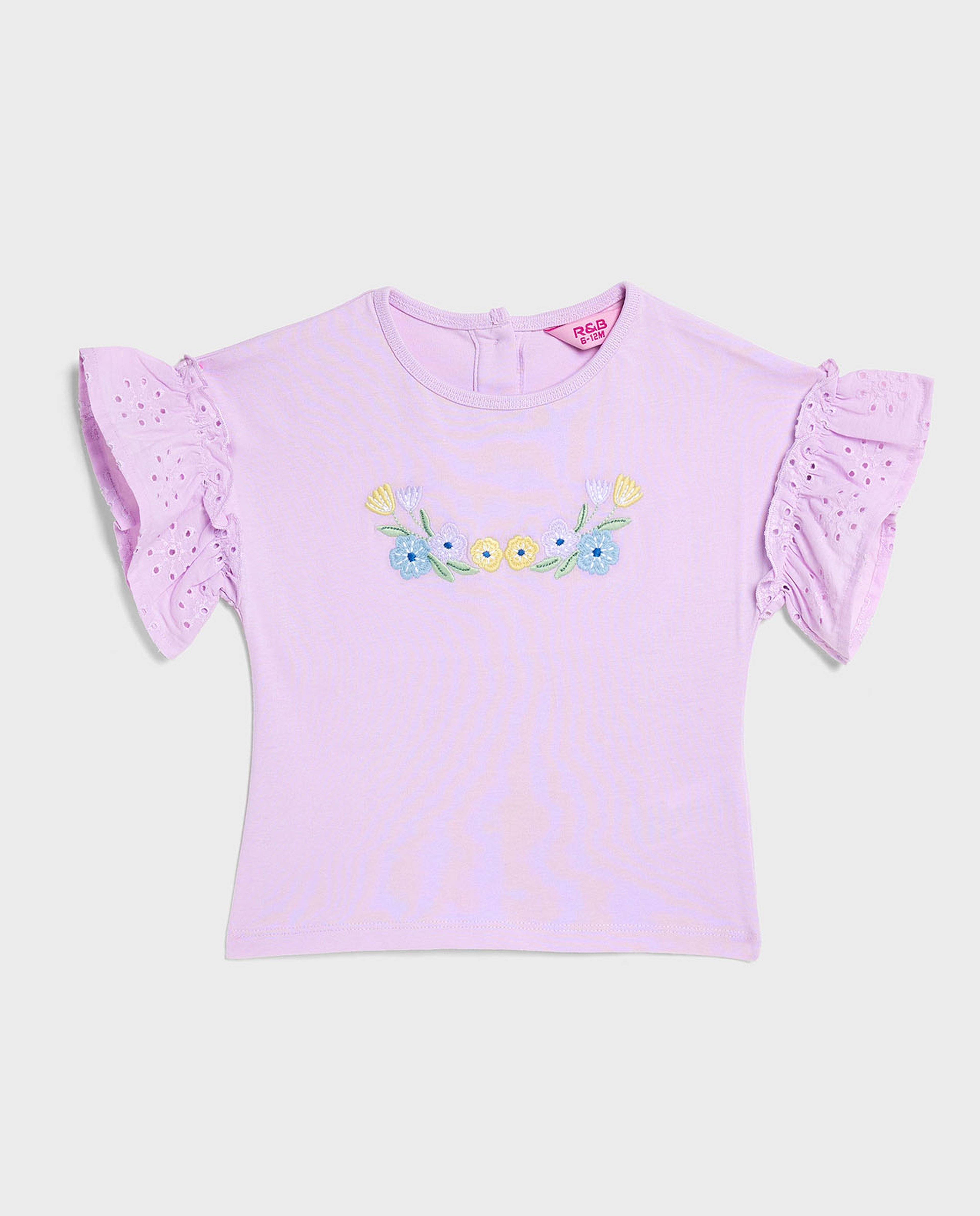 Embroidered Top with Crew Neck and Flutter Sleeves